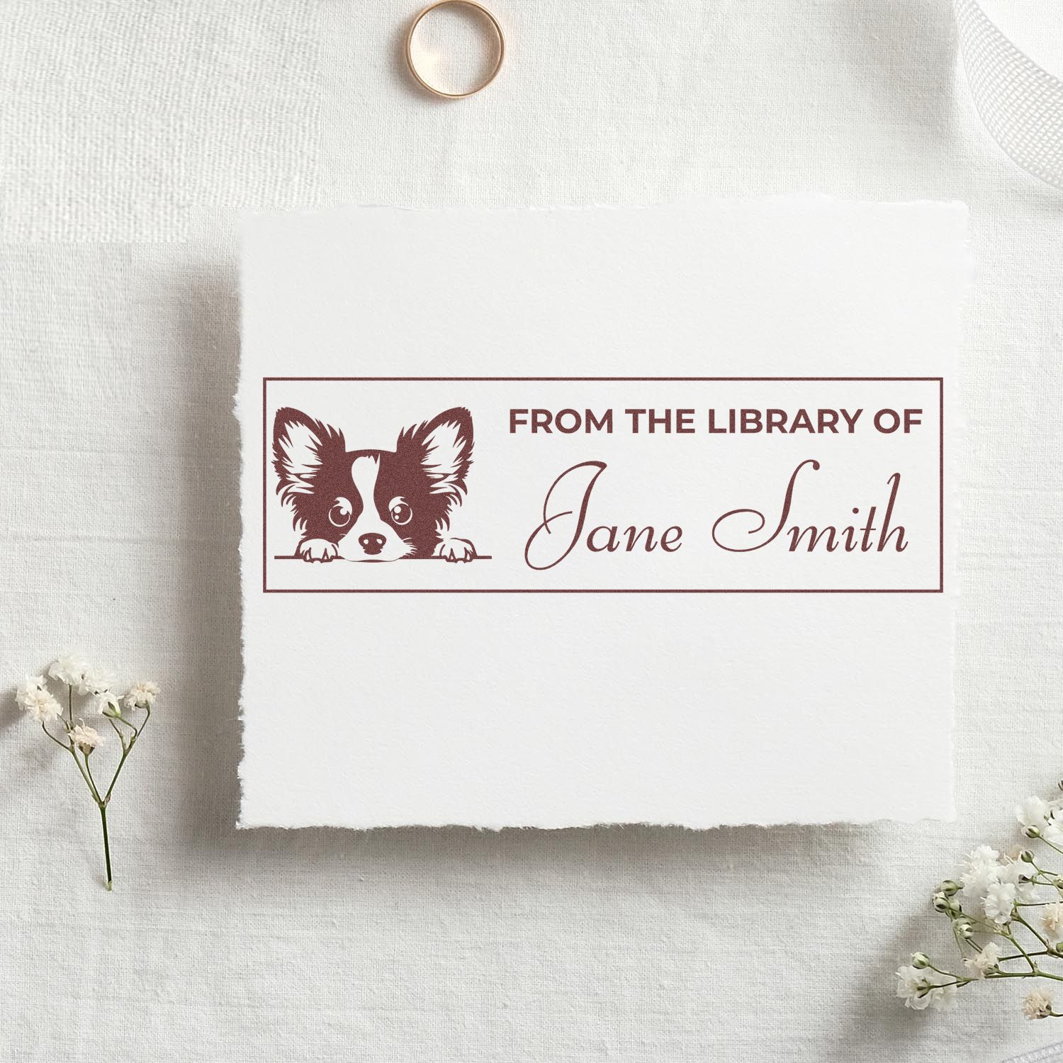 Personalized dog library rubber stamp with custom From the Library of Jane Smith bookplate design