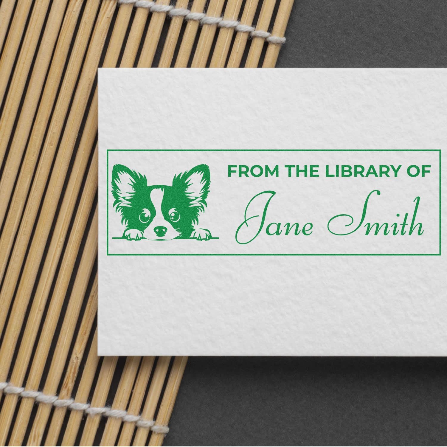 Personalized library rubber stamp with corgi illustration and From the Library of Jane Smith for bookplates and books.