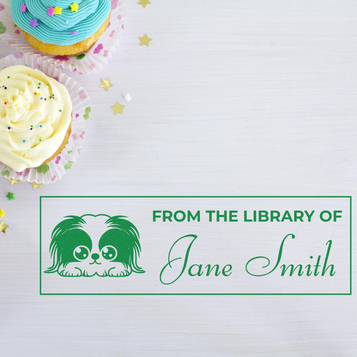 Custom rubber stamp featuring a dog graphic and From the Library of Jane Smith personalized bookplate design.