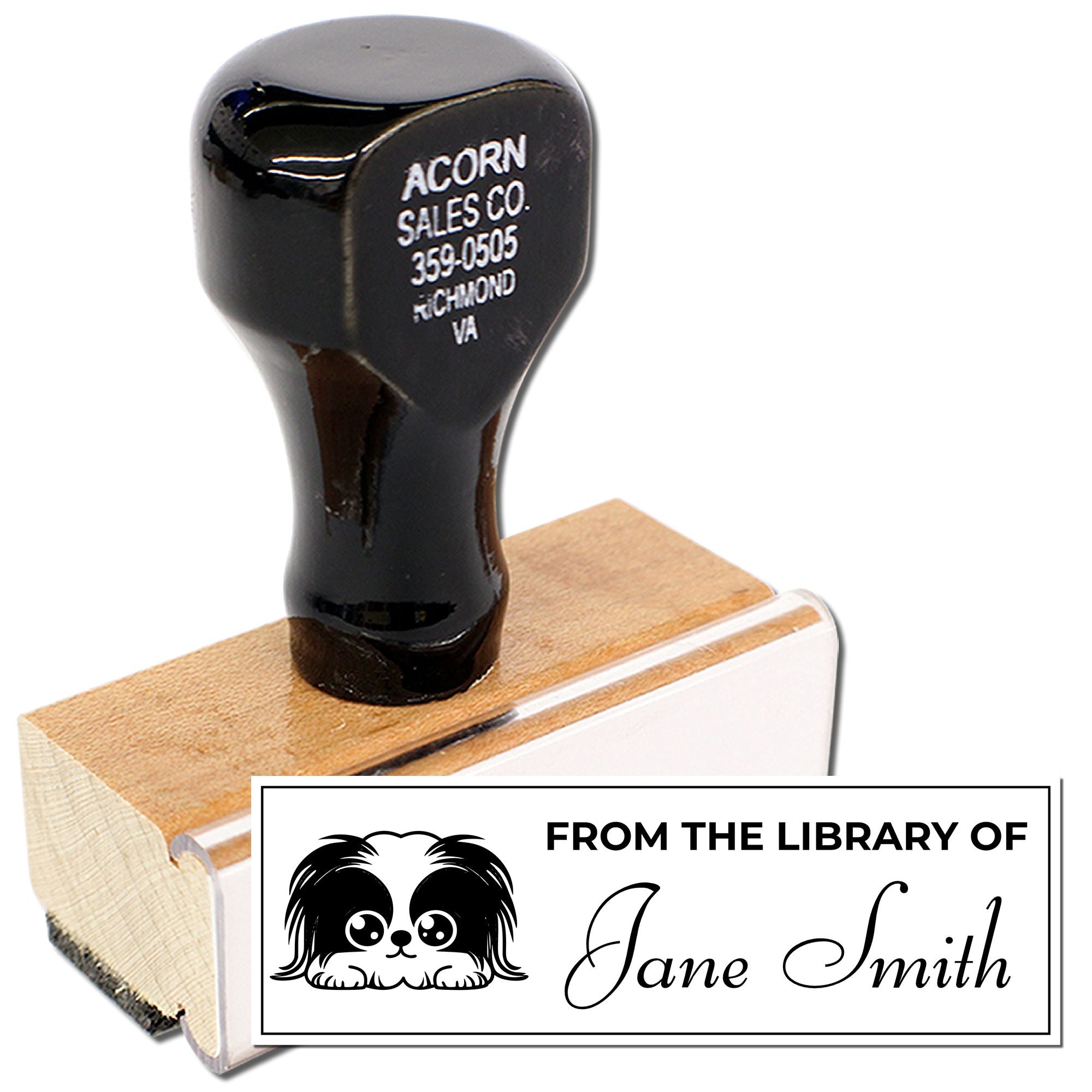 Custom self-inking rubber stamp with From the Library of Jane Smith dog design for books, labels, and personalized library marking.