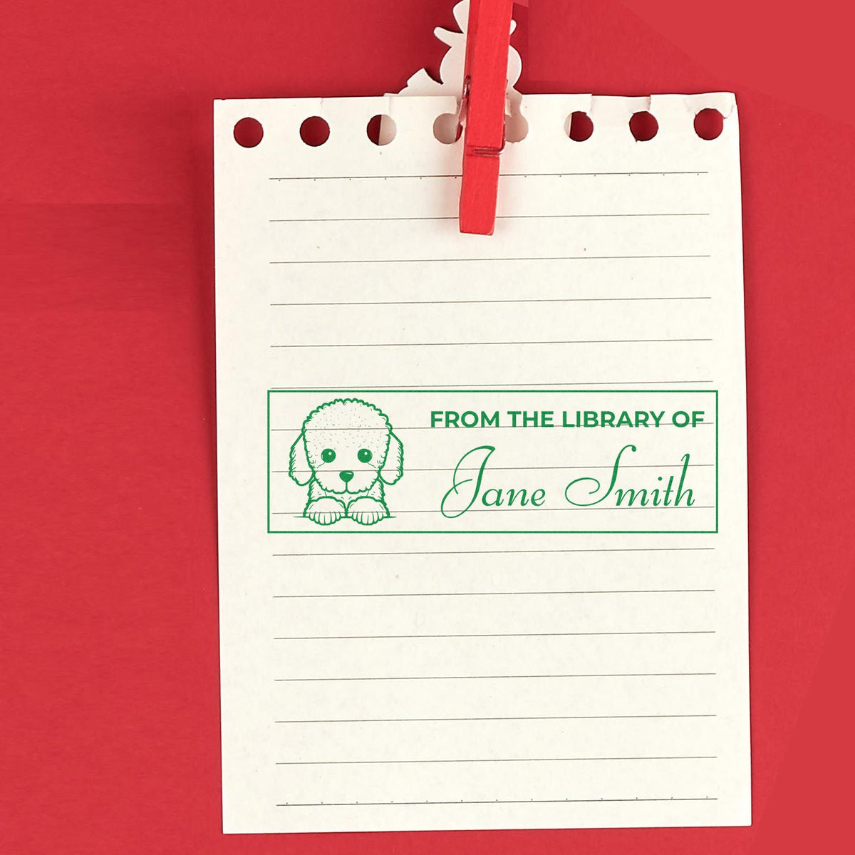 Custom library book rubber stamp with dog design and Jane Smith name, perfect for ex libris bookplates and personal book marking.