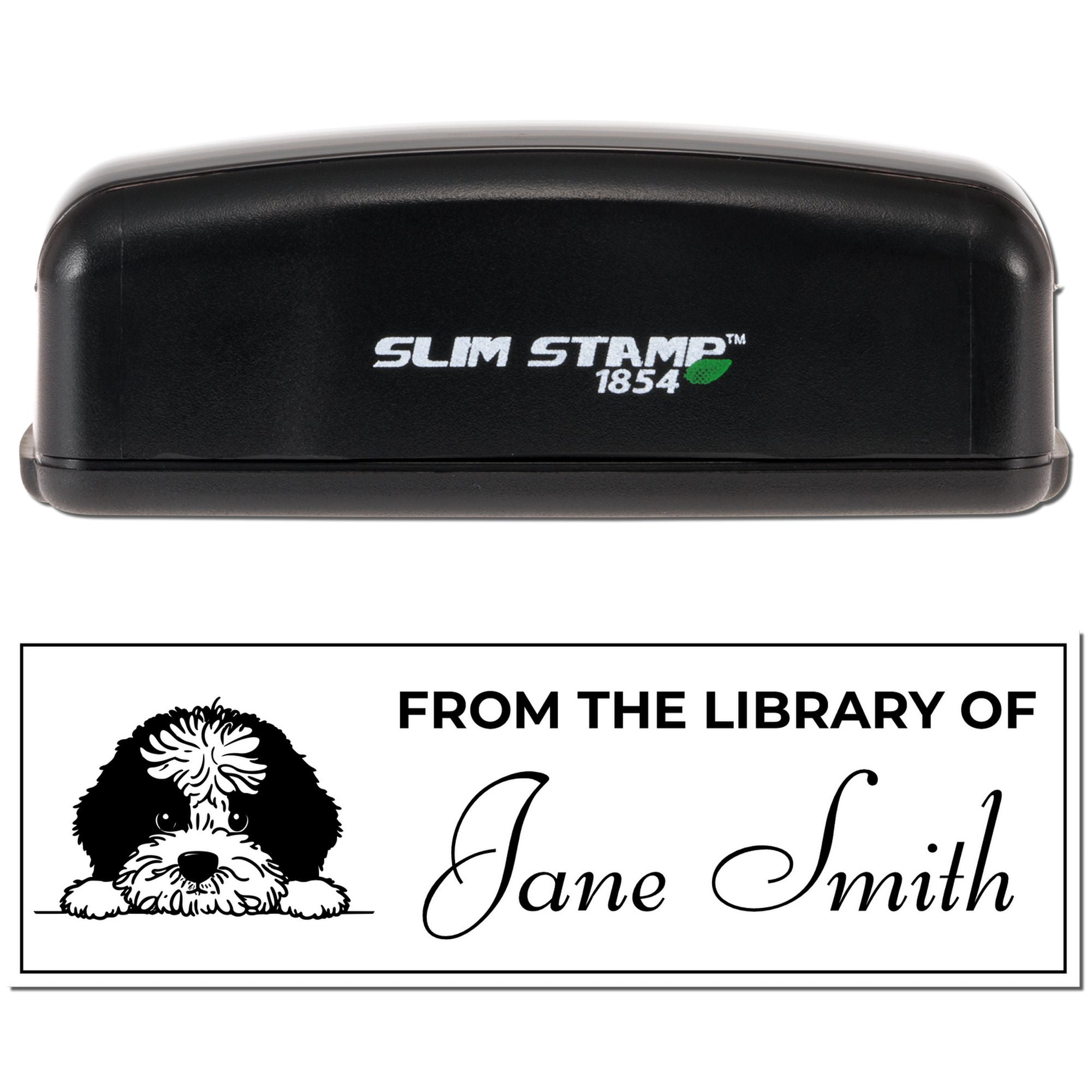 Slim Stamp 1854 rubber stamp with custom library book stamp design featuring a dog and From the Library of Jane Smith text.