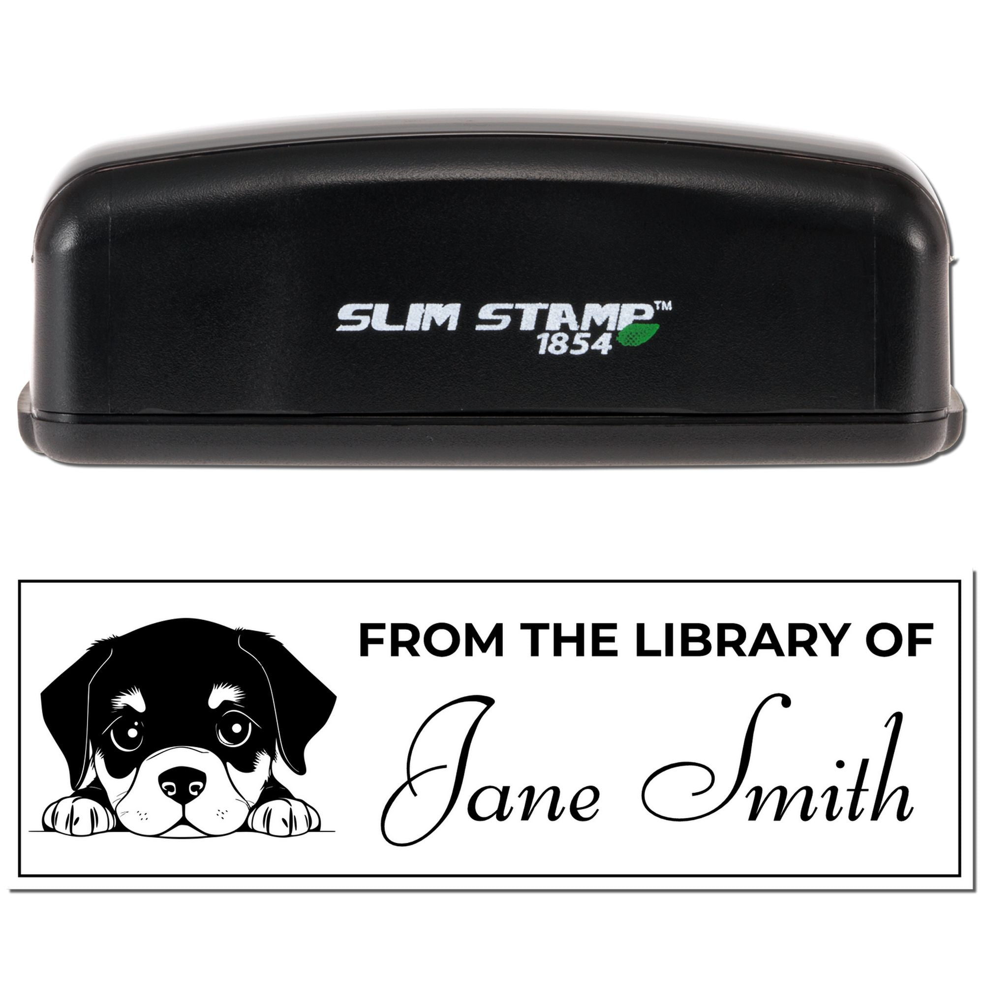 Slim Stamp 1854 personalized self-inking rubber stamp with puppy From the Library of Jane Smith design