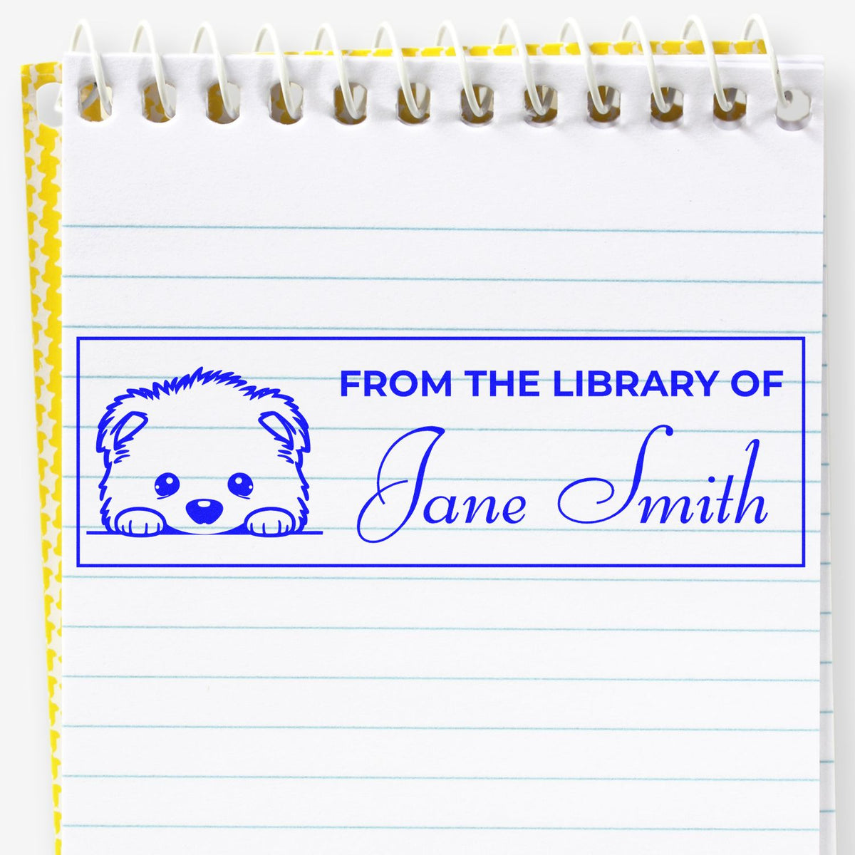 Custom rubber stamp bookplate reading From the Library of Jane Smith with a puppy design for personal library books.
