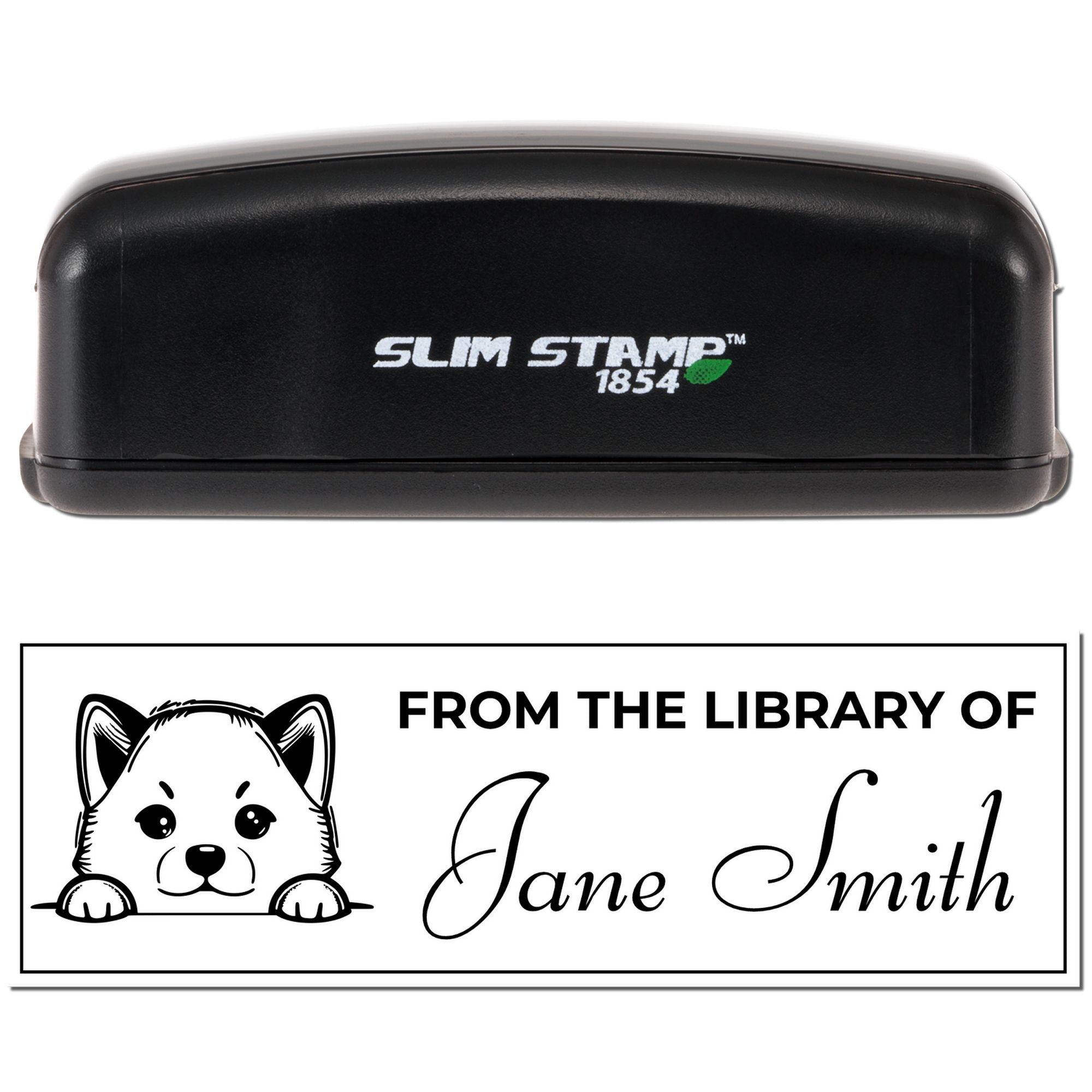 Personalized self-inking rubber library stamp with cat design and From the Library of Jane Smith text.
