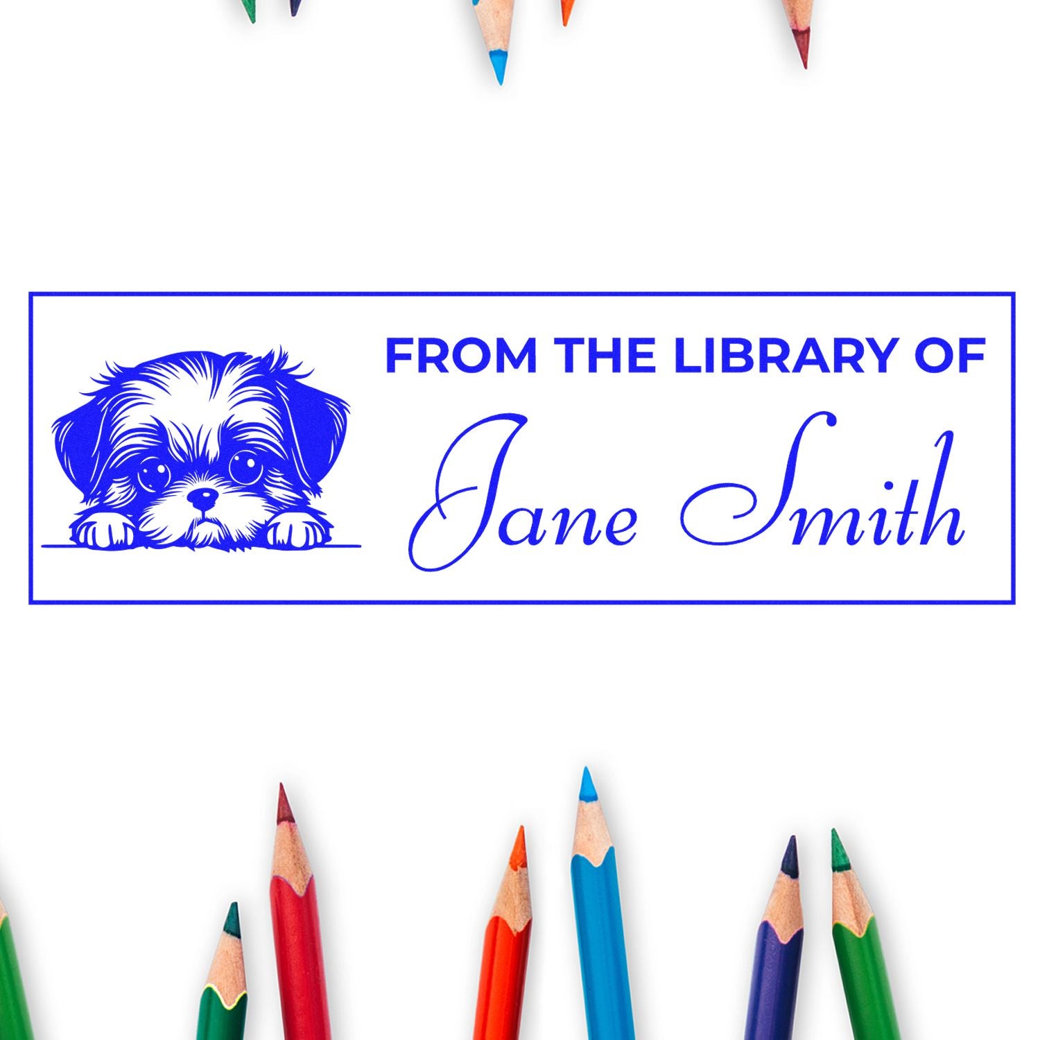 Personalized library rubber stamp with puppy illustration and From the Library of Jane Smith bookplate text.
