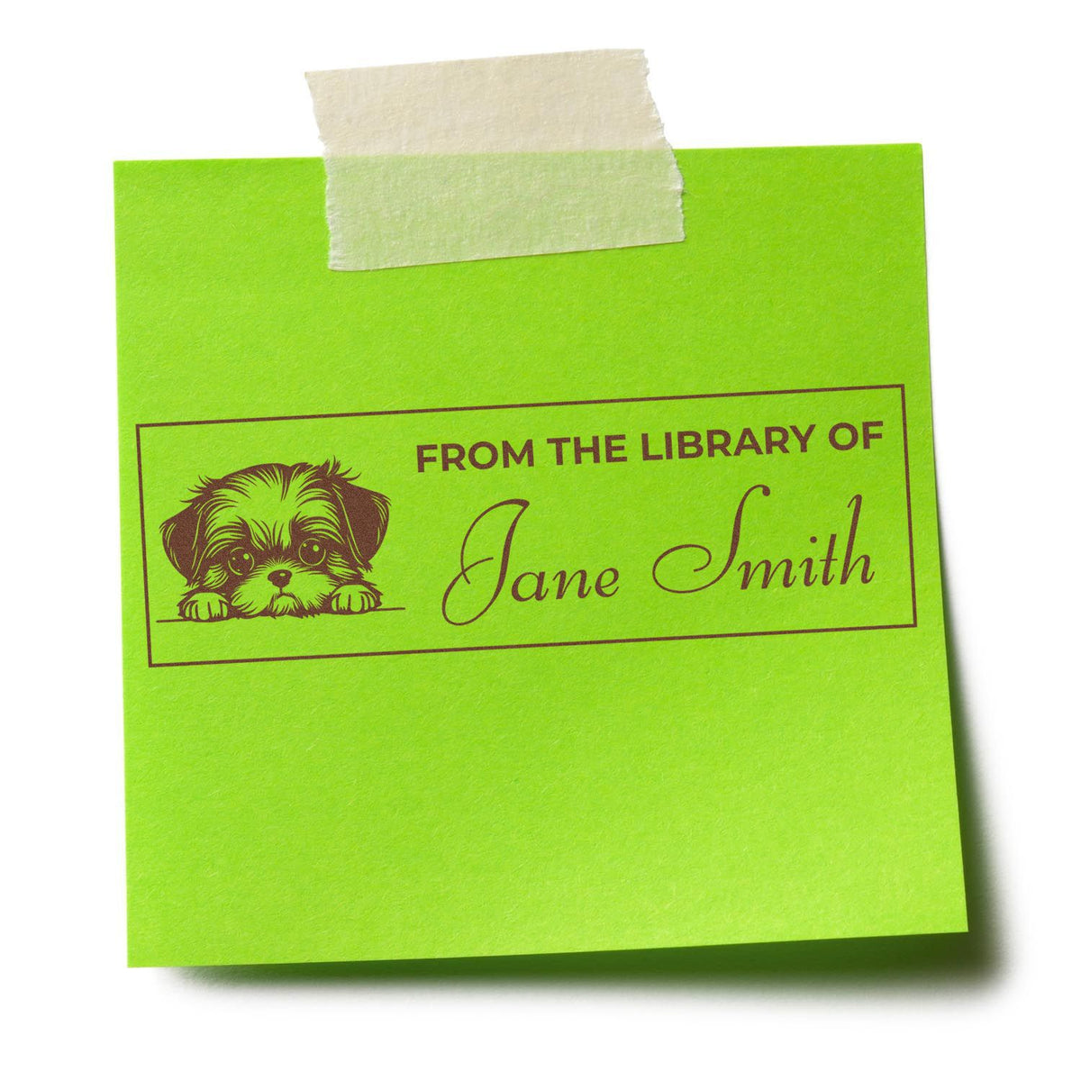 Custom library rubber stamp with dog design for Jane Smith personalized bookplates on a green note.