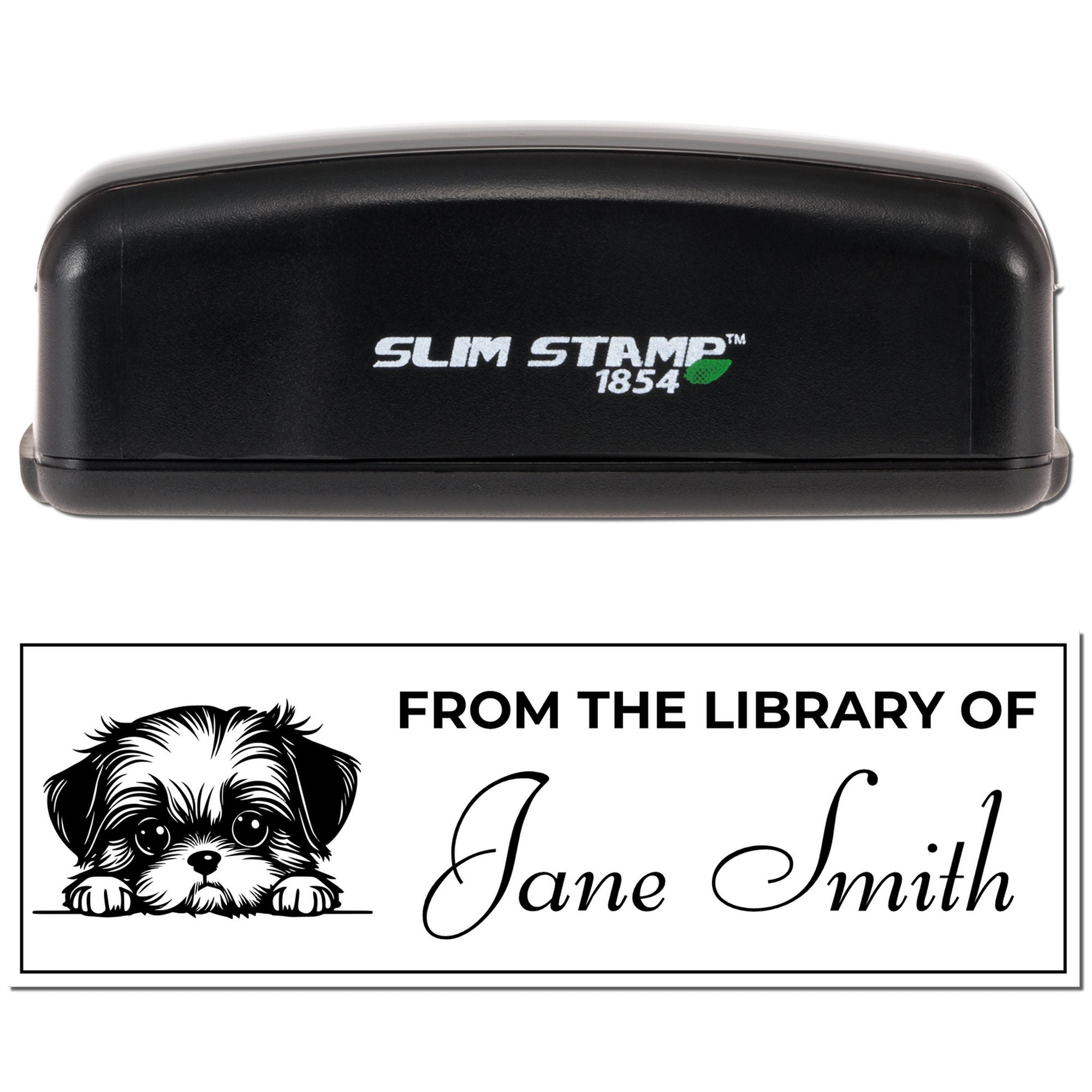 Self-inking custom library rubber stamp with dog design and From the Library of Jane Smith personalized book imprint.