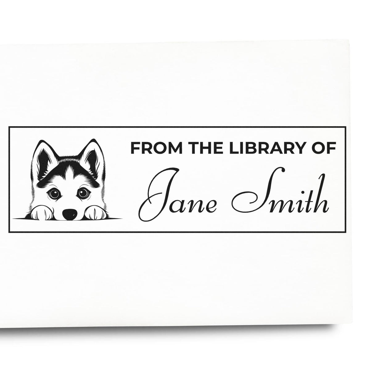 Personalized ex libris rubber stamp with husky dog: From the Library of Jane Smith book ownership design.