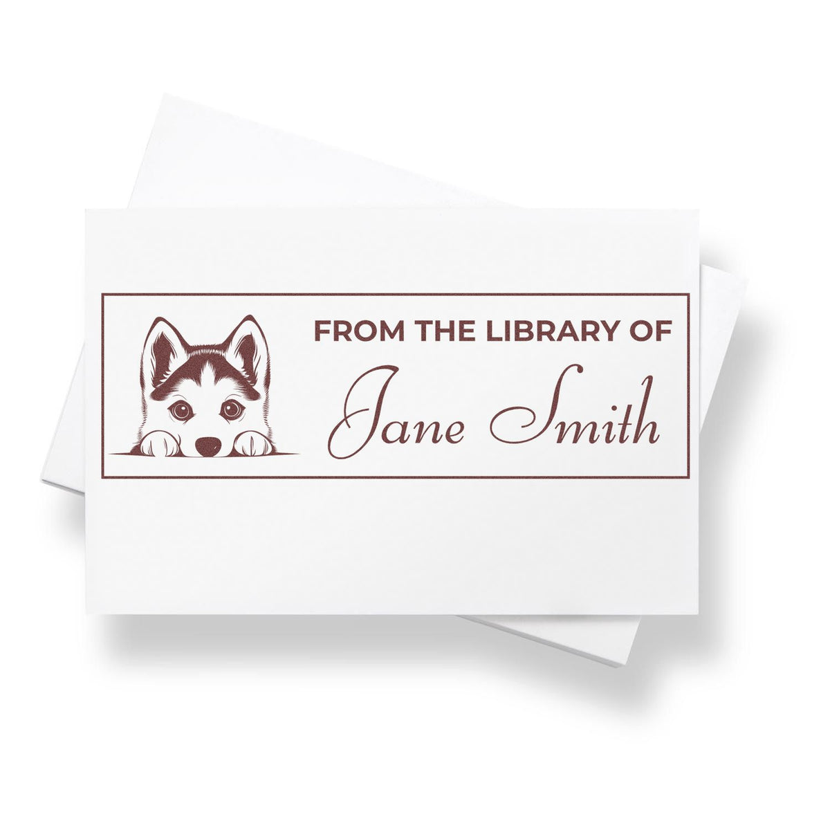 Personalized From the Library of Jane Smith rubber stamp with husky dog design for book lovers and library labeling.
