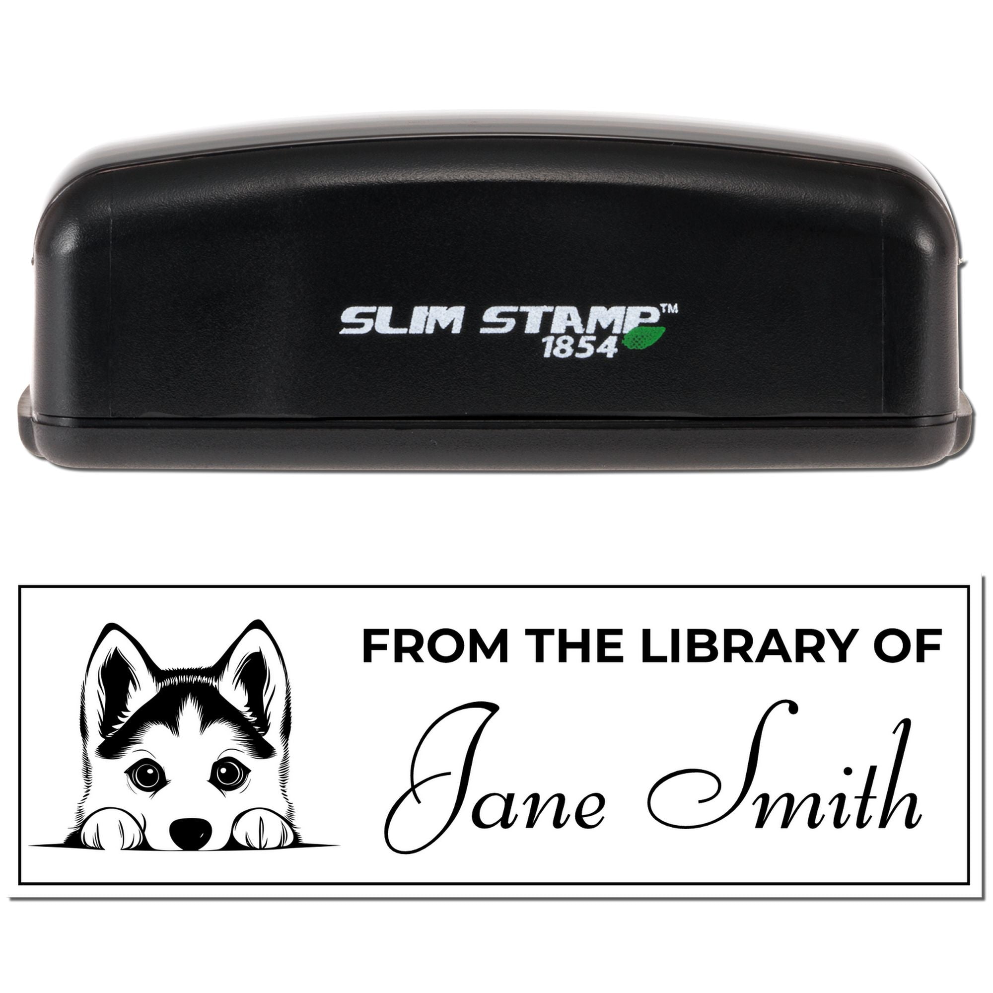Personalized self-inking rubber stamp for books, featuring From the Library of Jane Smith with husky dog design.
