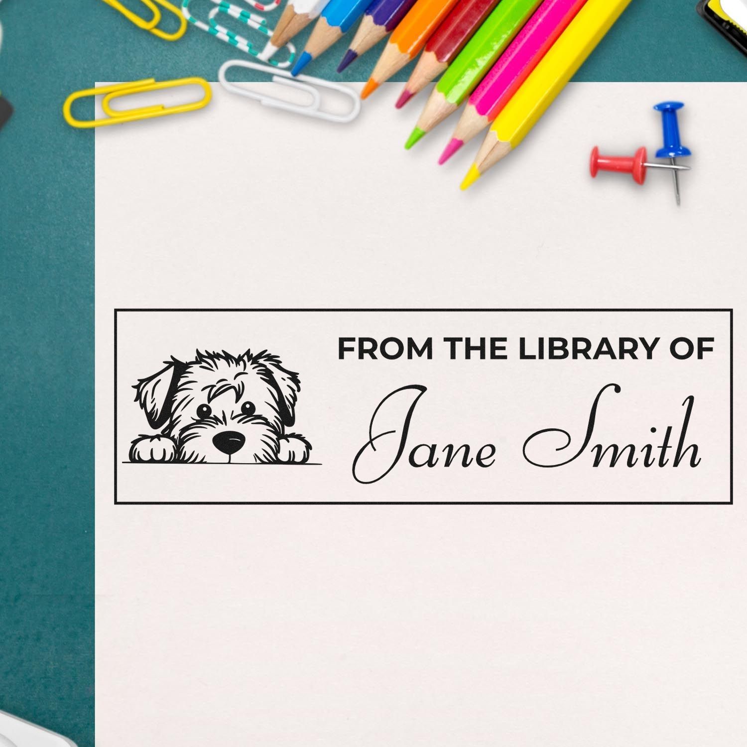 Custom dog library rubber stamp with From the Library of Jane Smith for personalized book stamps.
