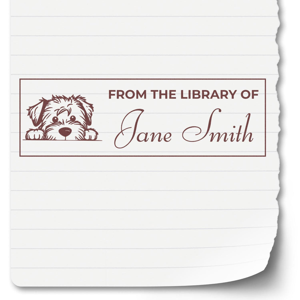 Custom dog-themed library book stamp with From the Library of Jane Smith for personalized rubber stamps.