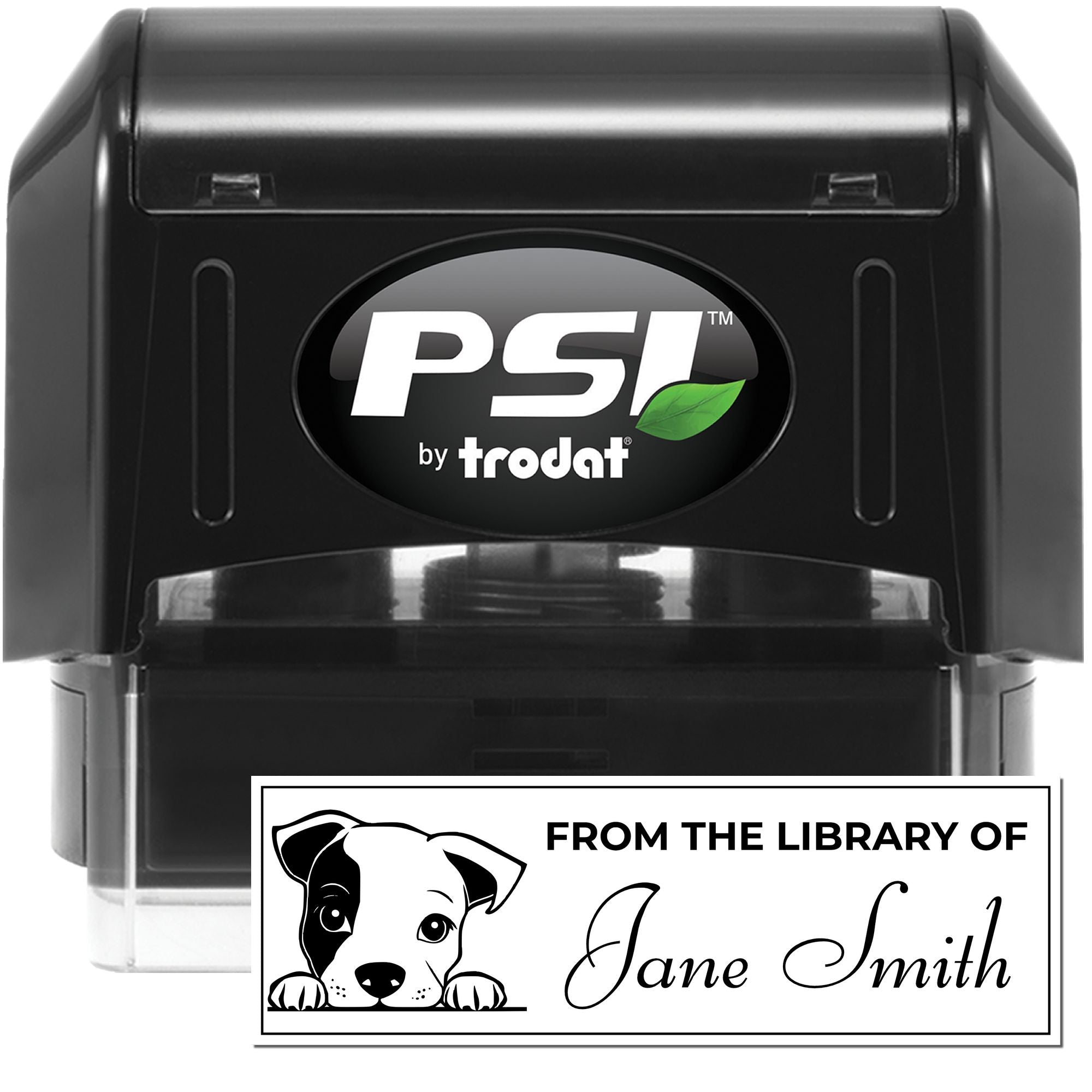 Trodat PSI self-inking rubber stamp with custom dog library stamp reading From the Library of Jane Smith.