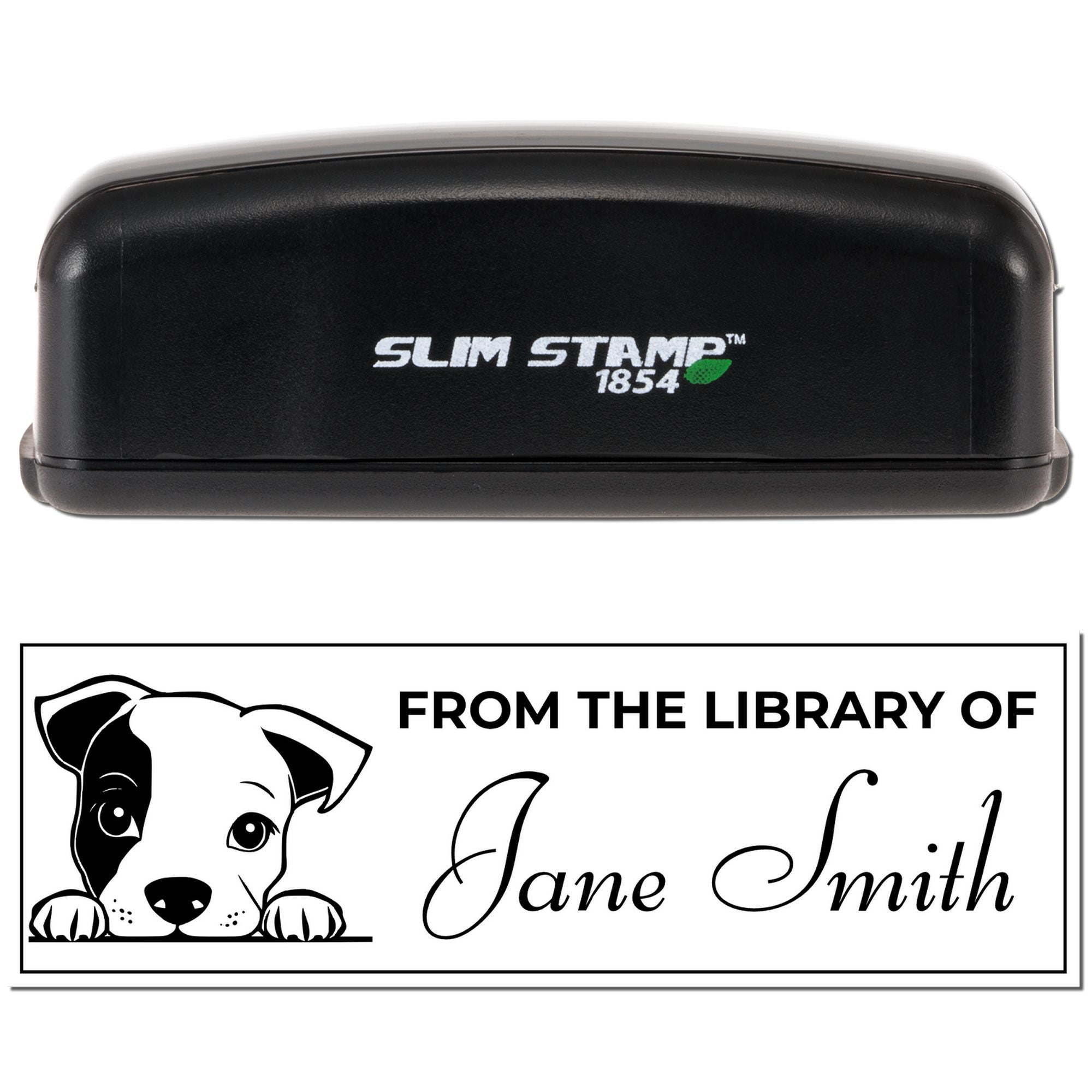 Custom rubber bookplate stamp with puppy design and "From the Library of Jane Smith" impression, shown in Slim Stamp 1854 case.