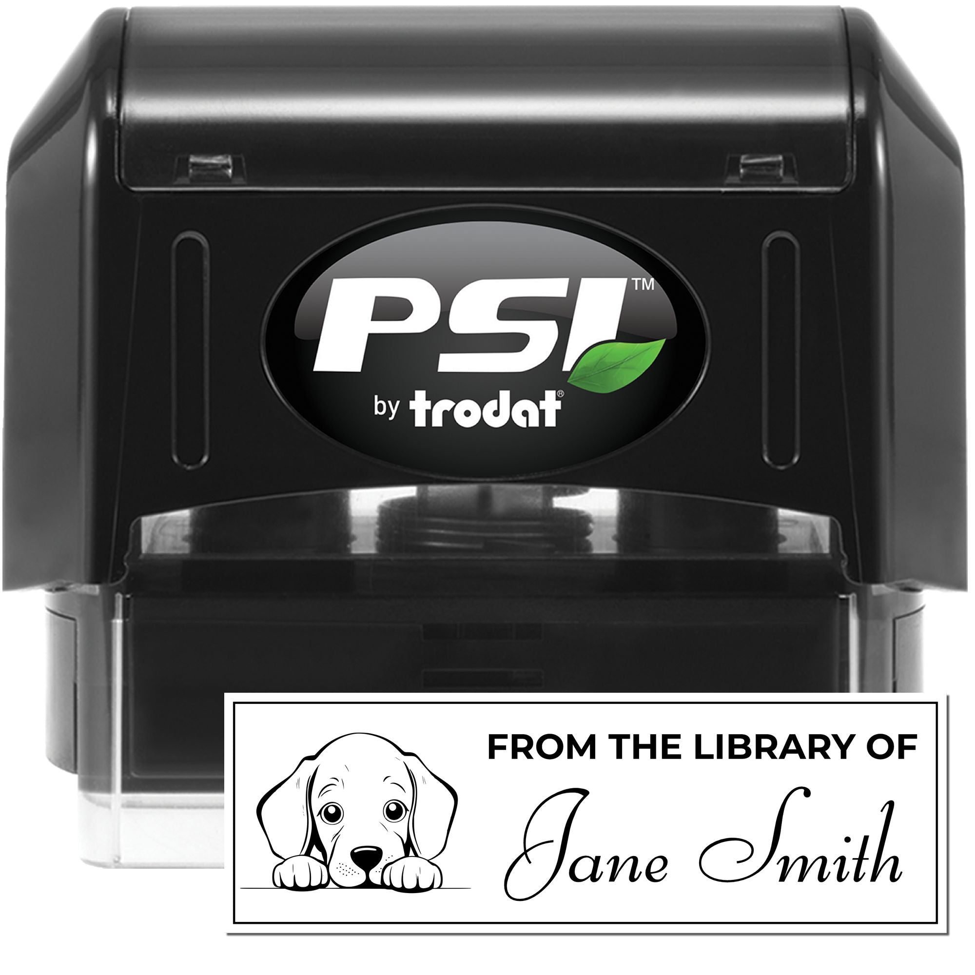 PSI by Trodat self-inking rubber stamp with dog design and personalized library name imprint for Jane Smith.