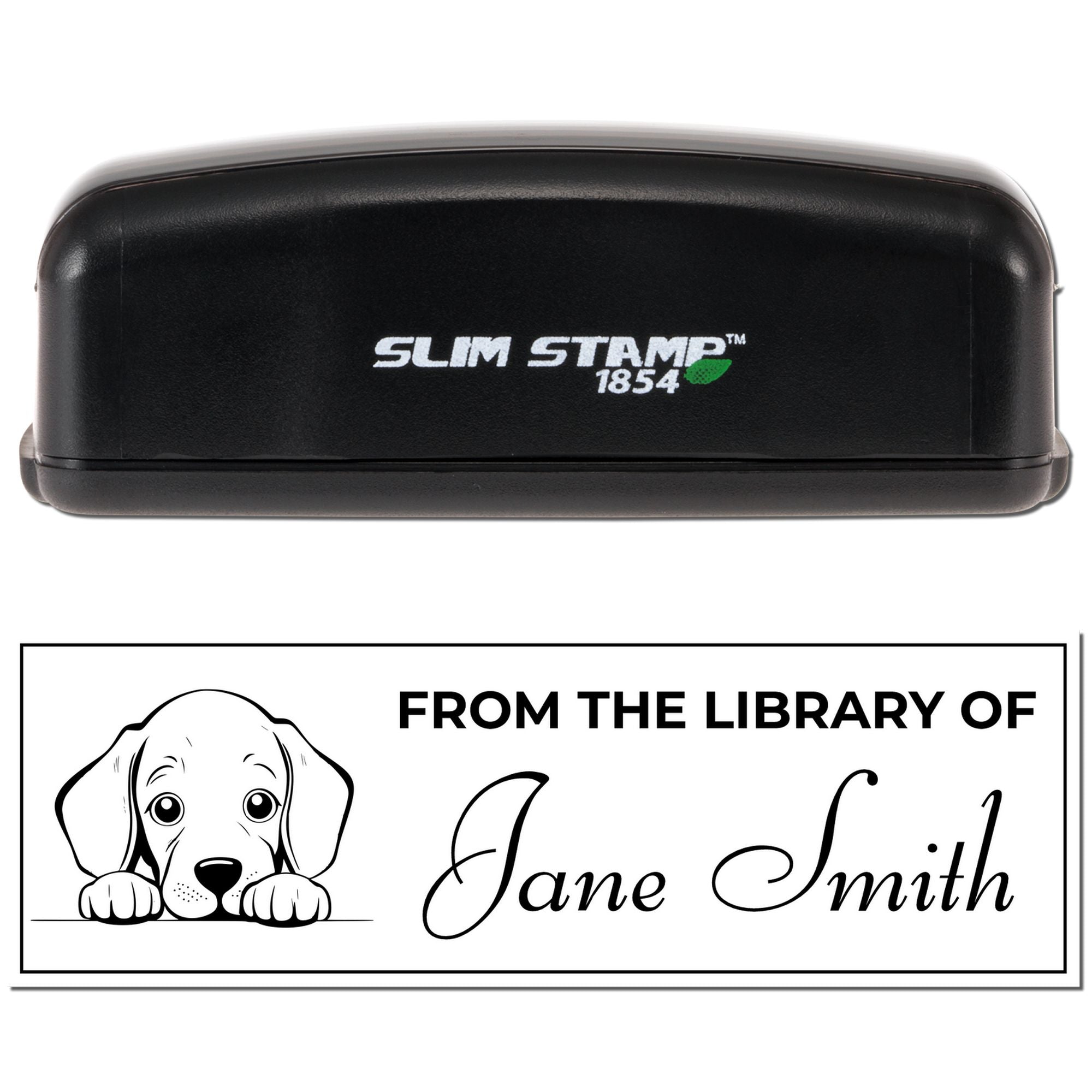 Slim Stamp 1854 custom library rubber stamp with puppy design and personalized From the library of Jane Smith bookplate.