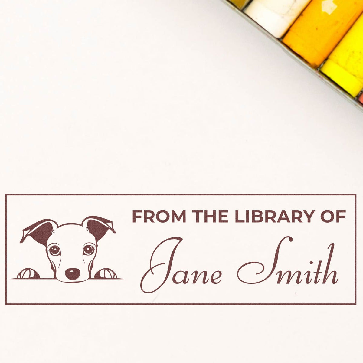 Custom dog library rubber stamp with From the Library of Jane Smith for personalized bookplates and book labeling.