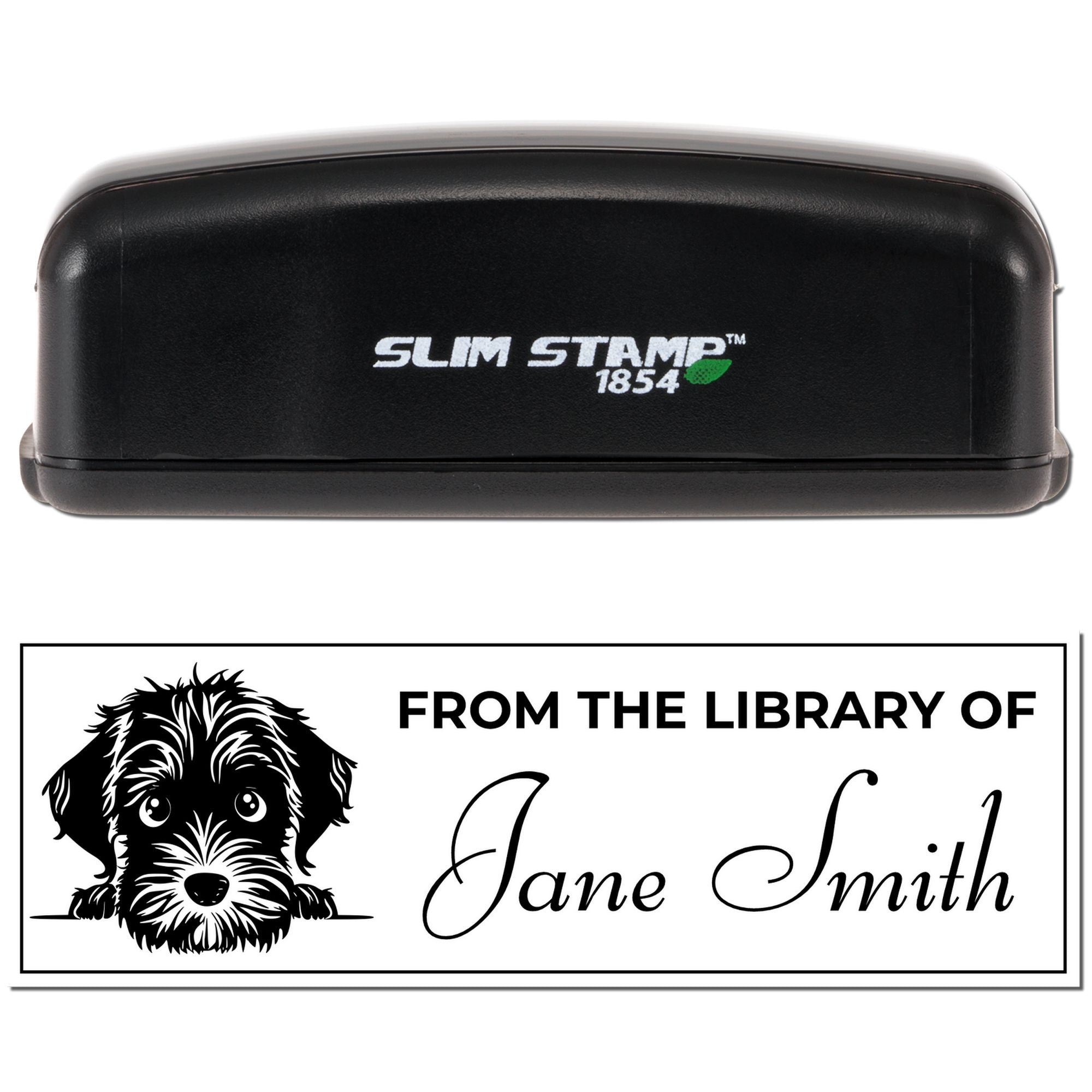 Slim Stamp 1854 compact rubber stamp case with custom dog bookplate library stamp for Jane Smith