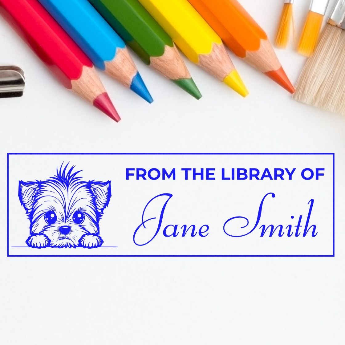 Personalized library book stamp with dog illustration and Jane Smith name, ideal for marking books and bookplates.