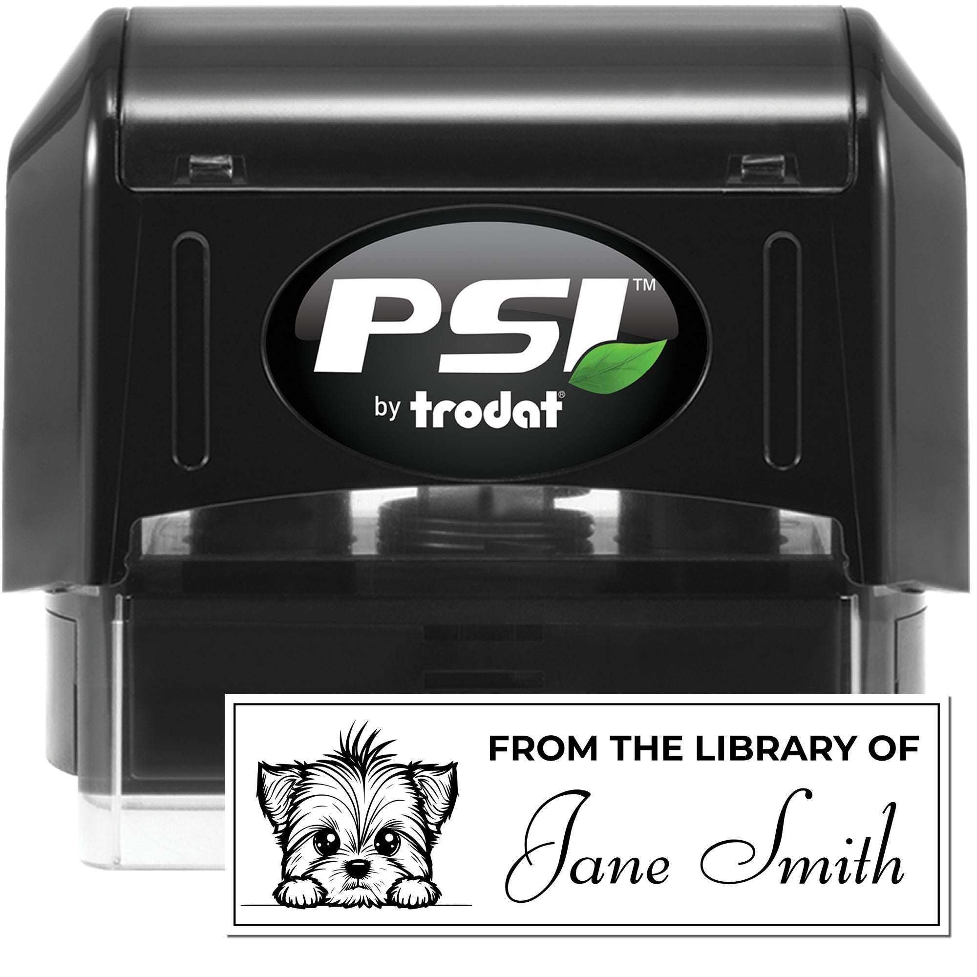 PSI by Trodat self-inking rubber stamp with custom From the Library of Jane Smith book stamp and puppy illustration.
