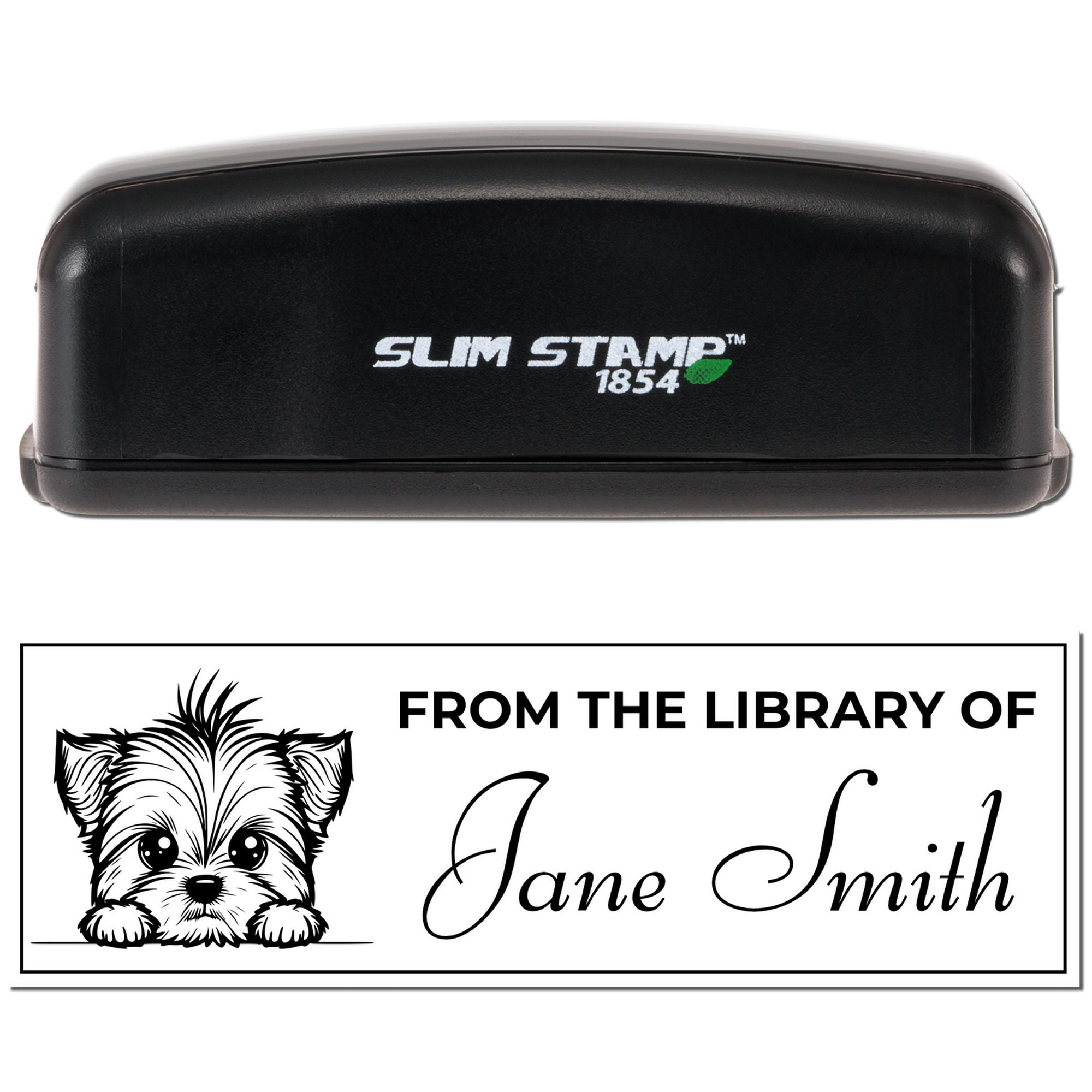 Slim Stamp 1854 custom self-inking rubber stamp with From the Library of Jane Smith dog design for personal library books.