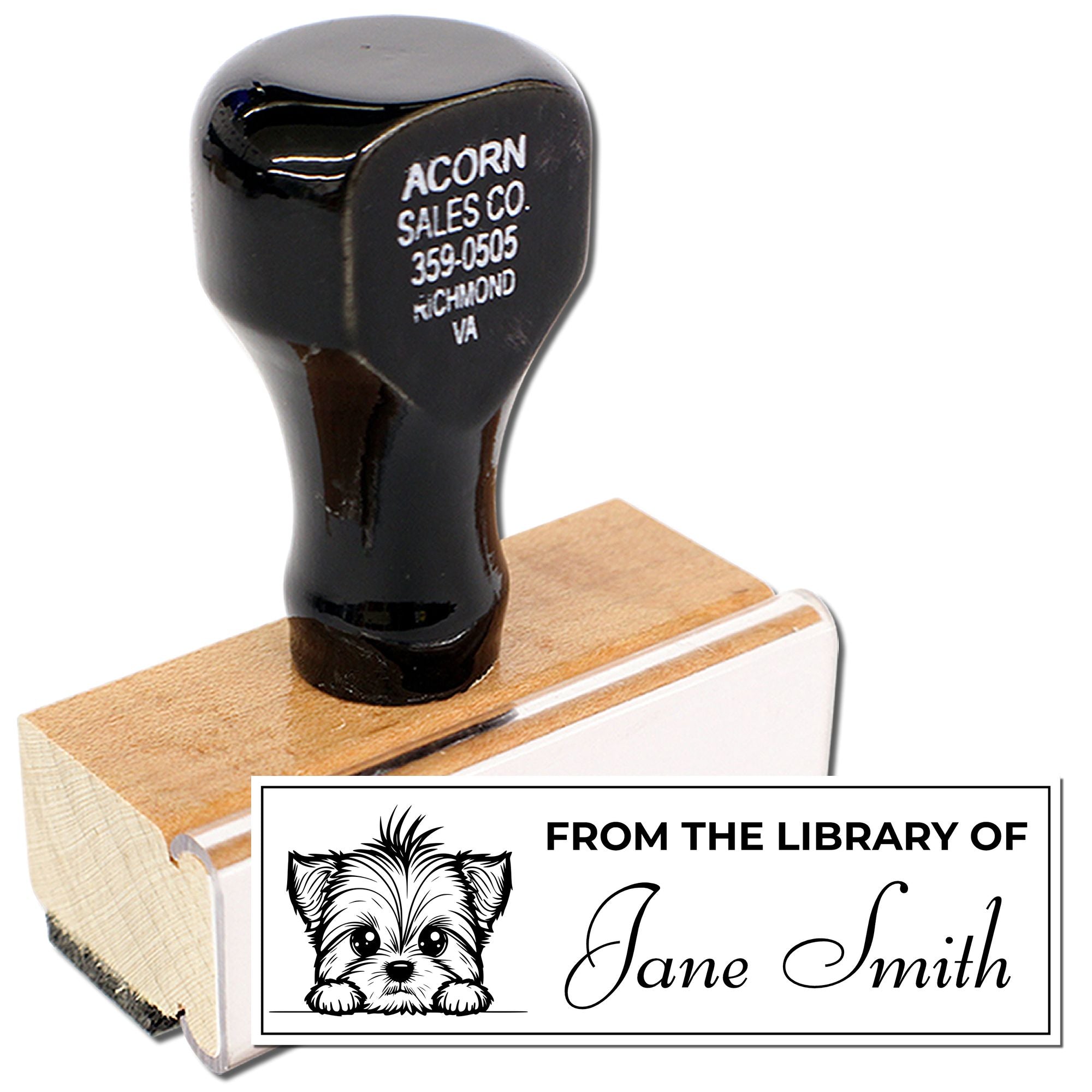 Custom library rubber stamp with dog illustration and personalized From the Library of Jane Smith bookplate design.