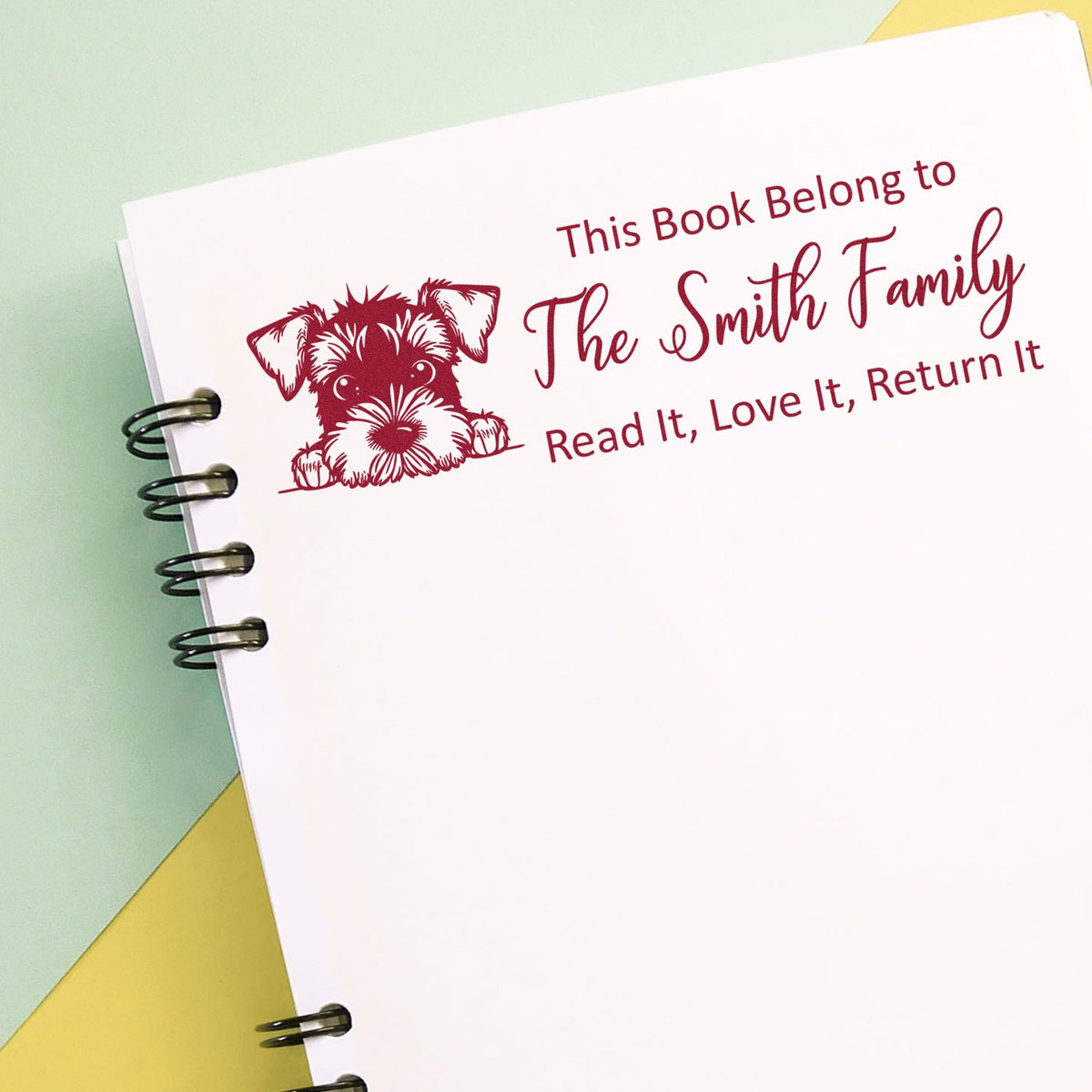 Custom dog book stamp for The Smith Family with This Book Belongs to and Read It, Love It, Return It message.