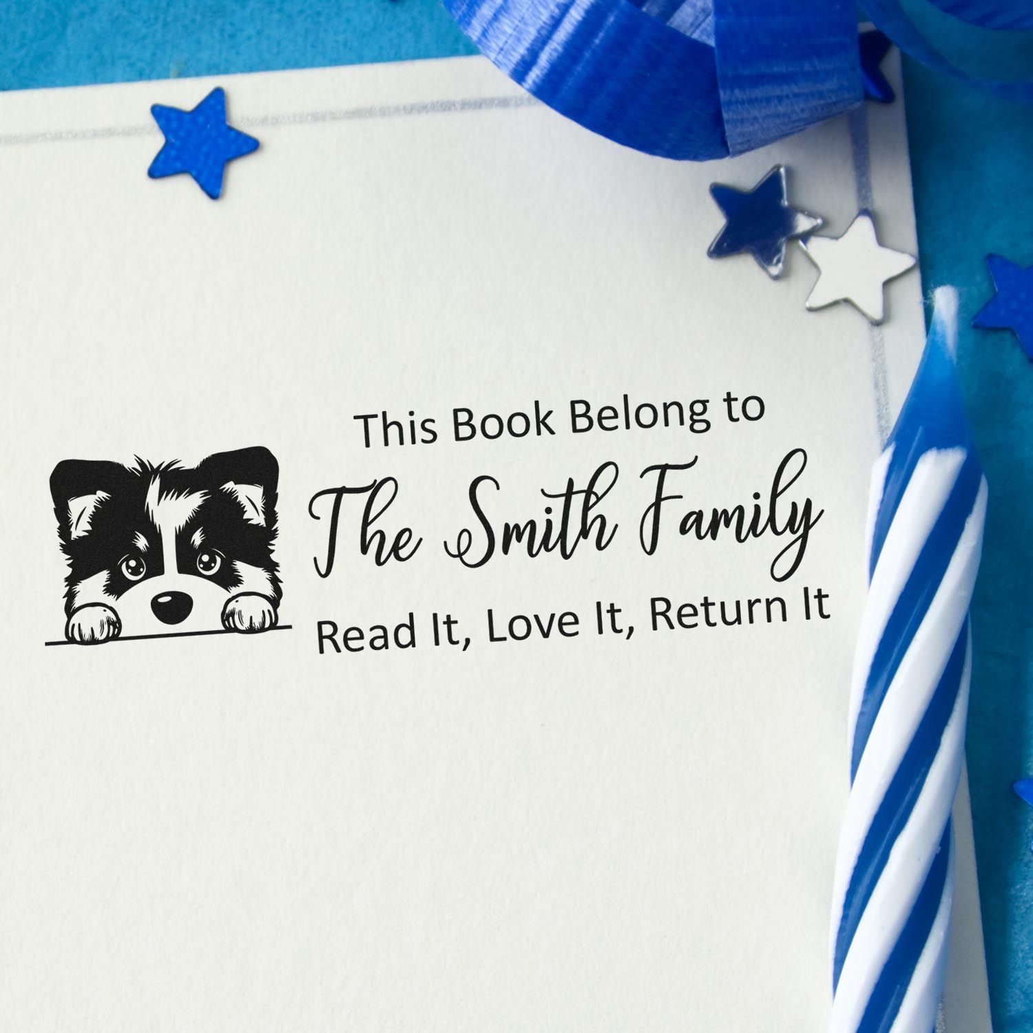 Custom book stamp for The Smith Family with raccoon art, Read It, Love It, Return It to mark borrowed books.