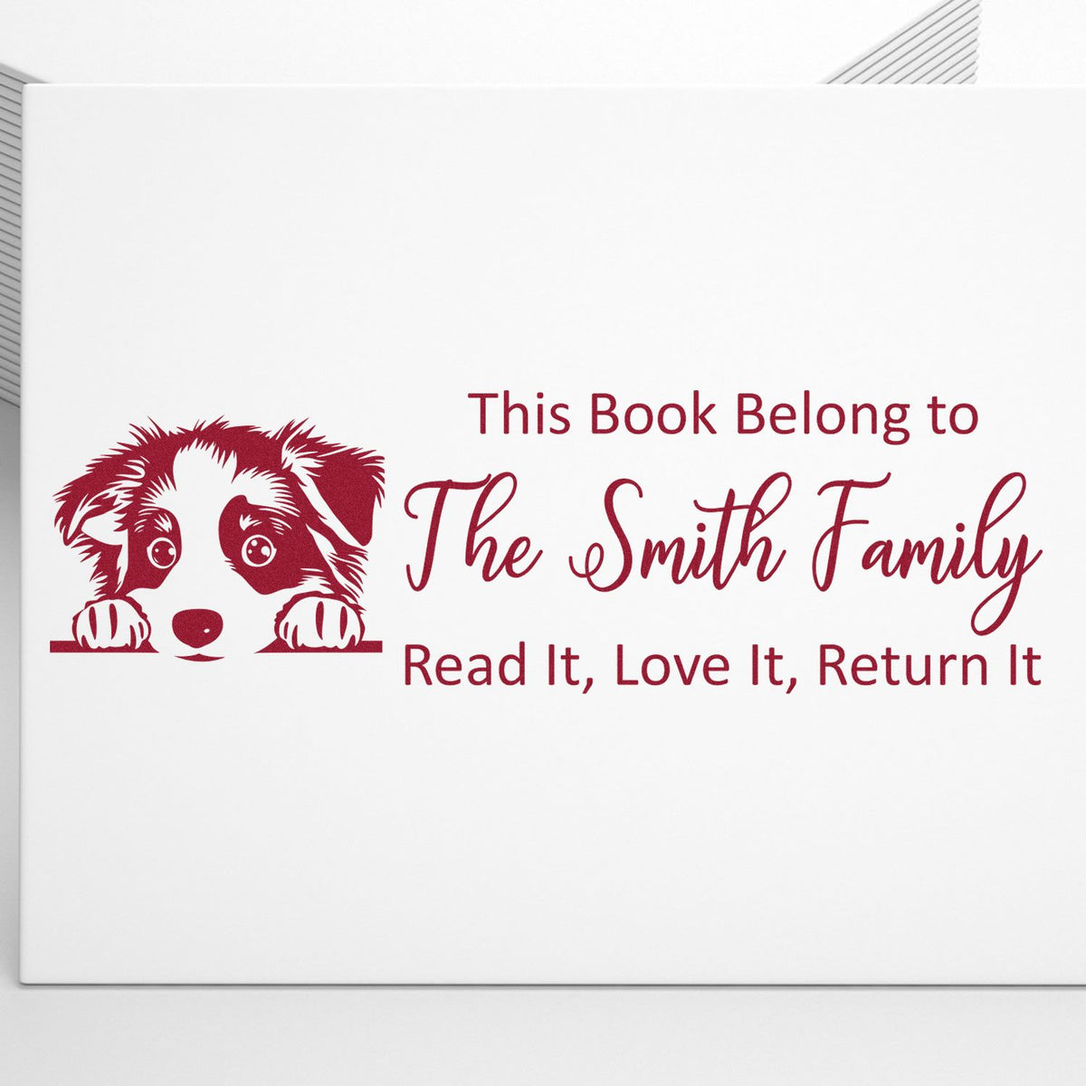 Personalized dog book stamp with This Book Belong to The Smith Family and Read It, Love It, Return It design.