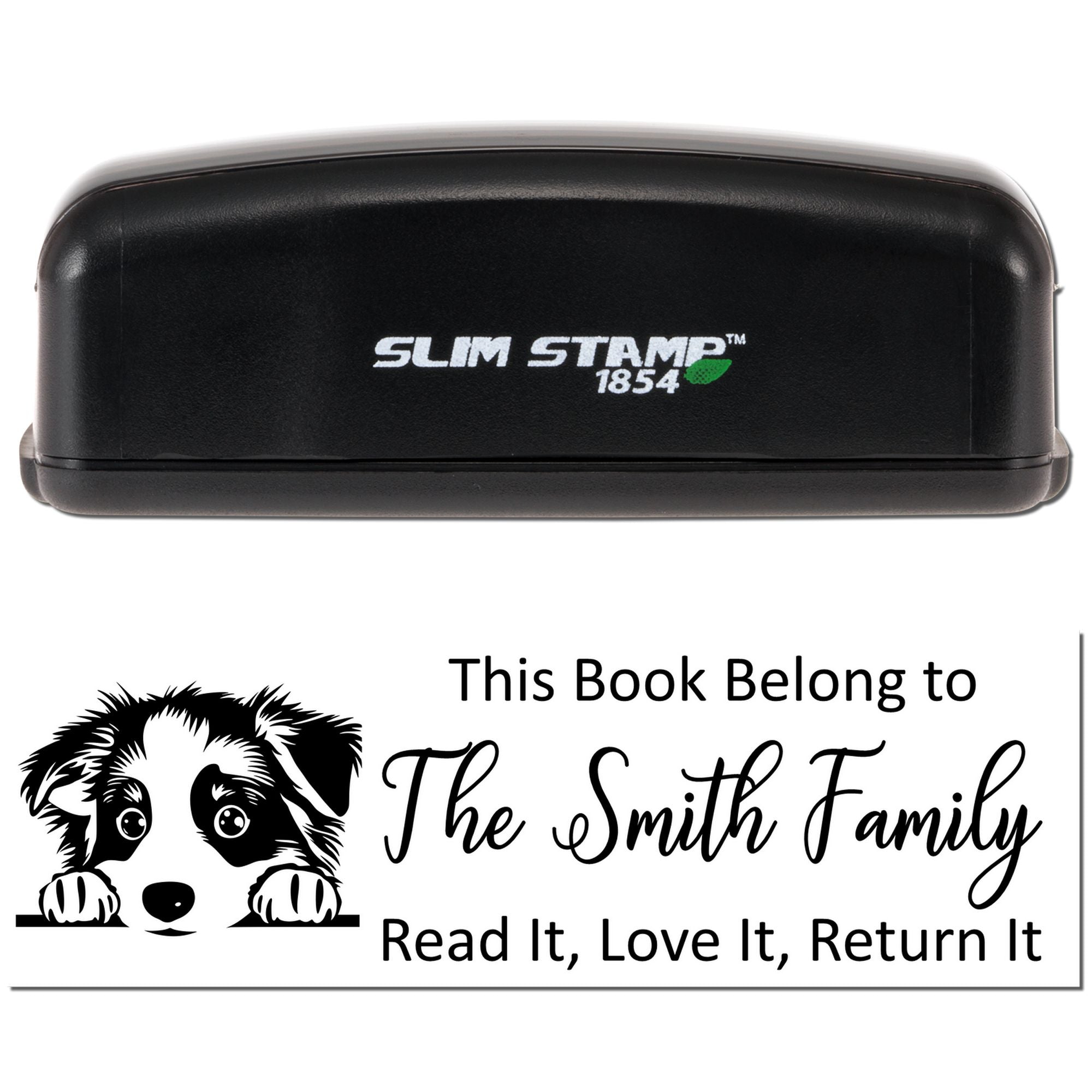Slim Stamp 1854 self-inking rubber book stamp with dog design and personalized This Book Belongs to The Smith Family imprint.
