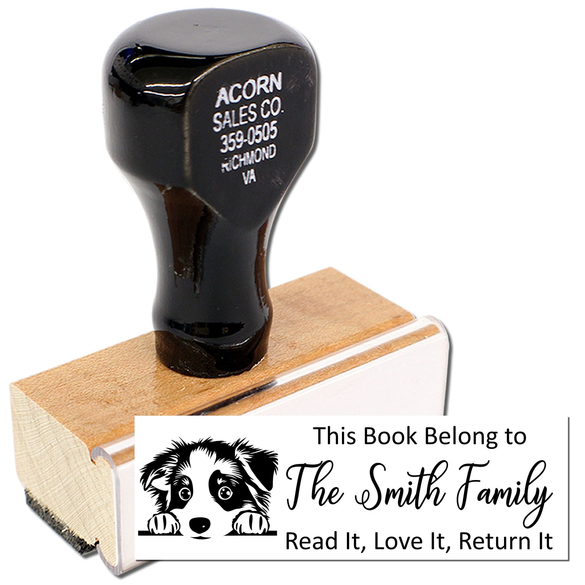 Personalized bookplate rubber stamp with dog design, family name, and Read It, Love It, Return It message.