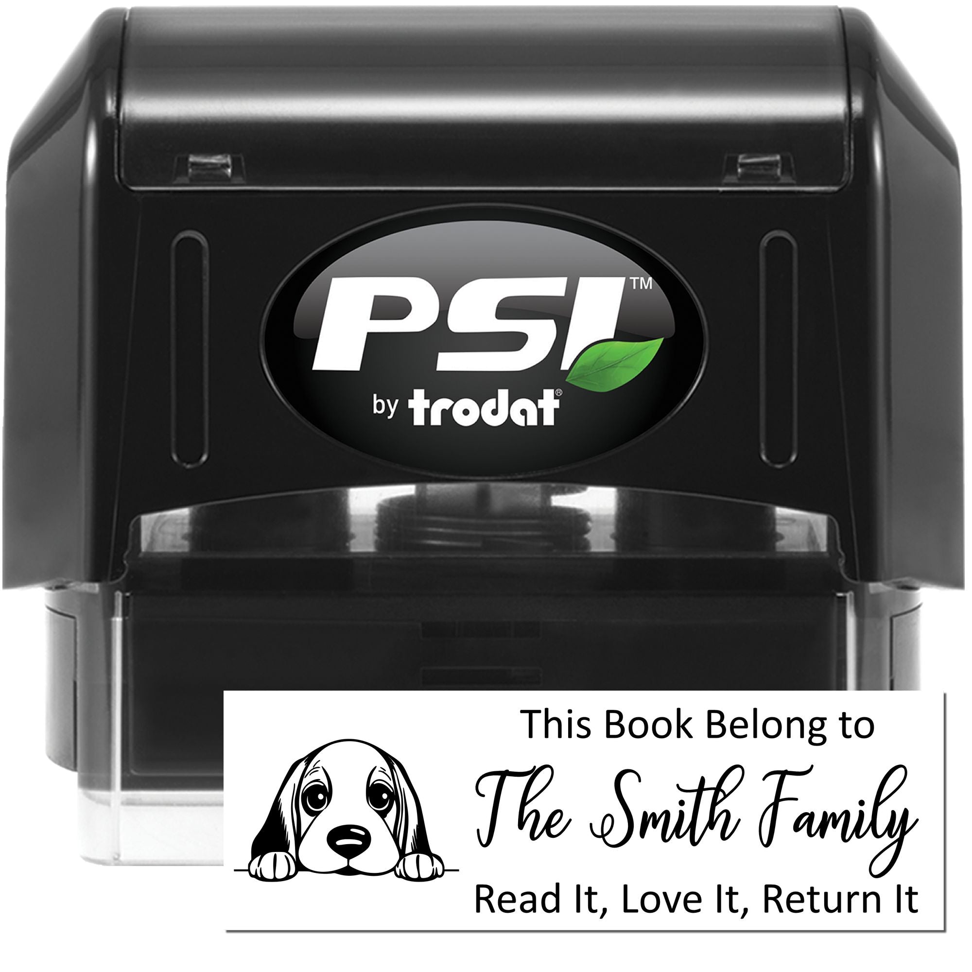 PSI by Trodat self-inking rubber stamp for personalized book labels, shown with custom This Book Belongs to The Smith Family imprint.