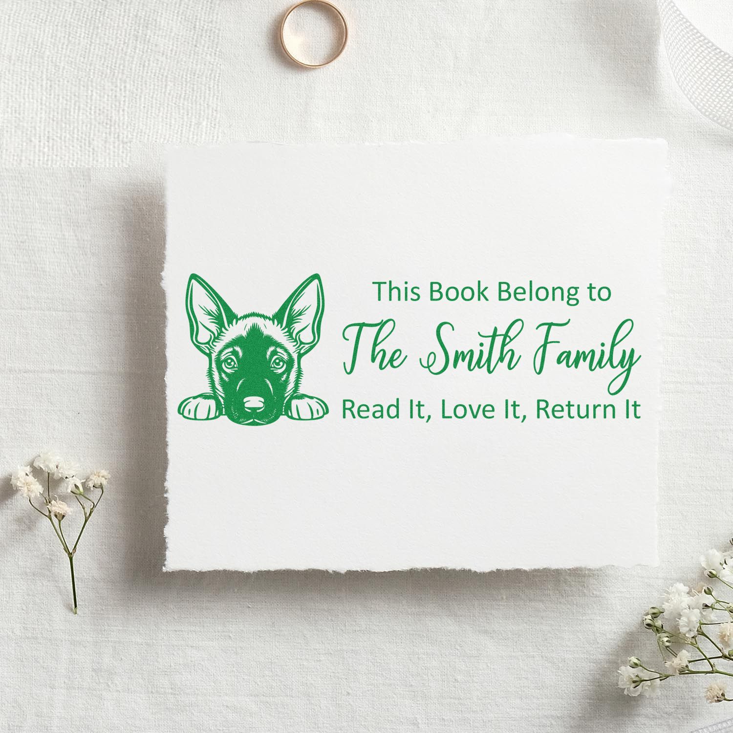 Personalized dog book rubber stamp for library books, reading This Book Belong to The Smith Family and Read It, Love It, Return It.