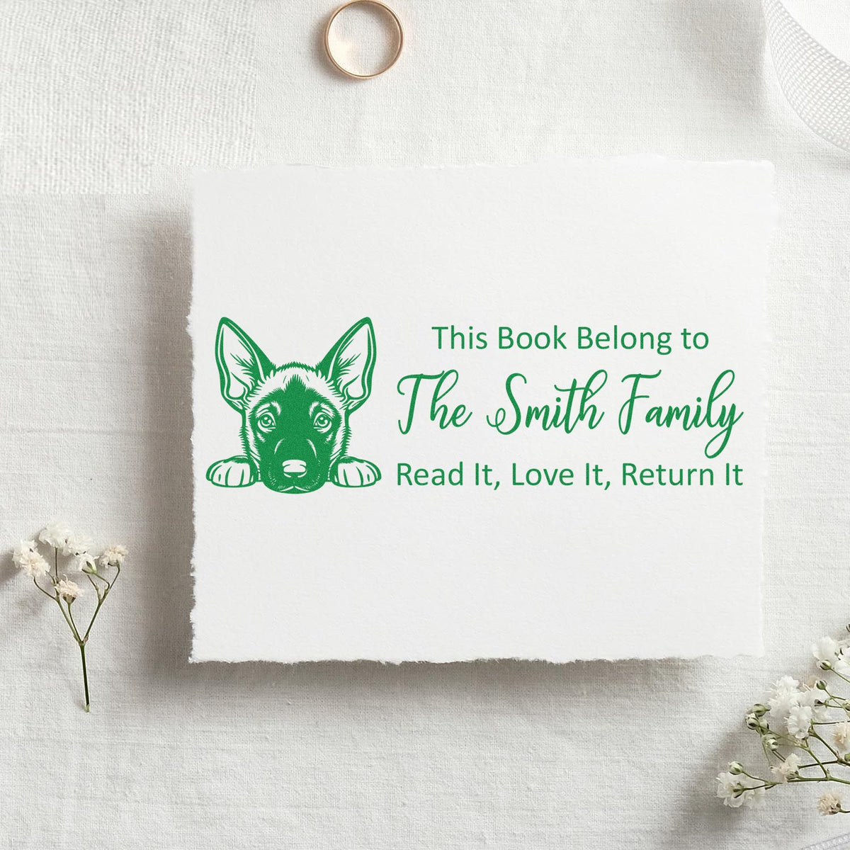 Personalized dog book stamp for The Smith Family with Read It, Love It, Return It text.
