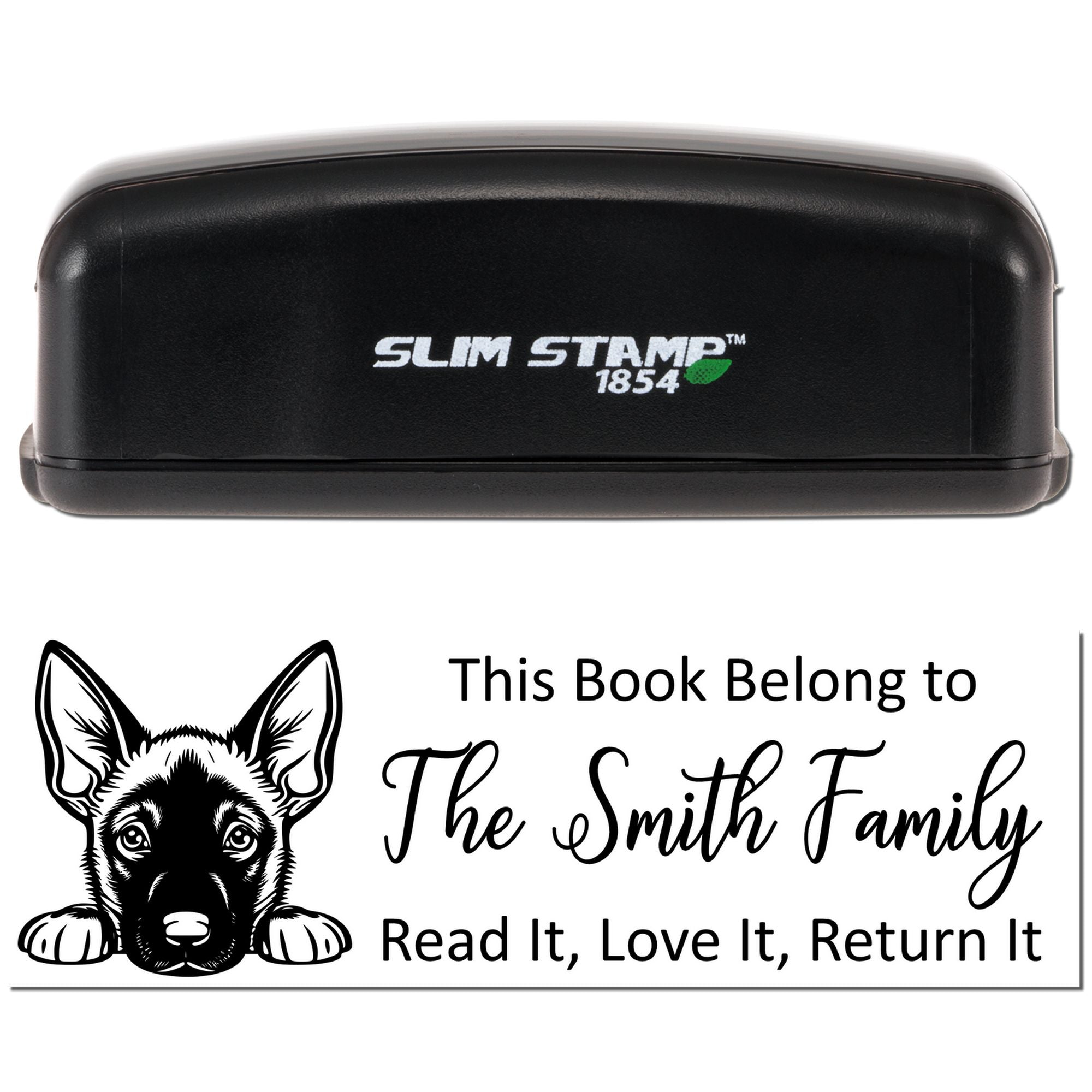 Self-inking personalized book stamp with dog design and This Book Belongs to The Smith Family return message.
