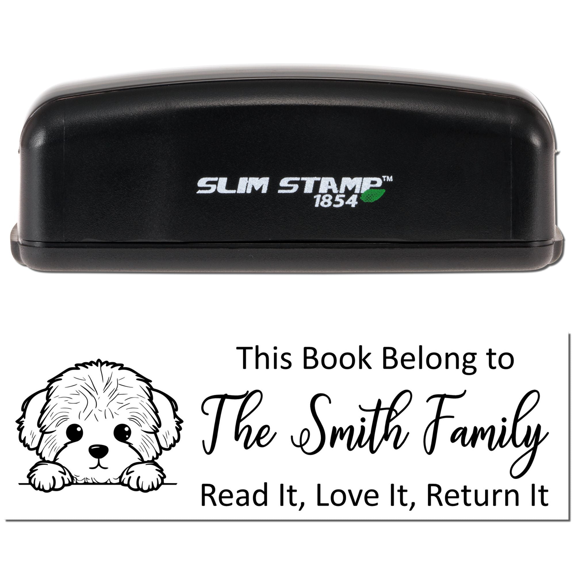 Personalized self-inking rubber book stamp for The Smith Family, with puppy artwork and a Read it, Love it, Return it message.