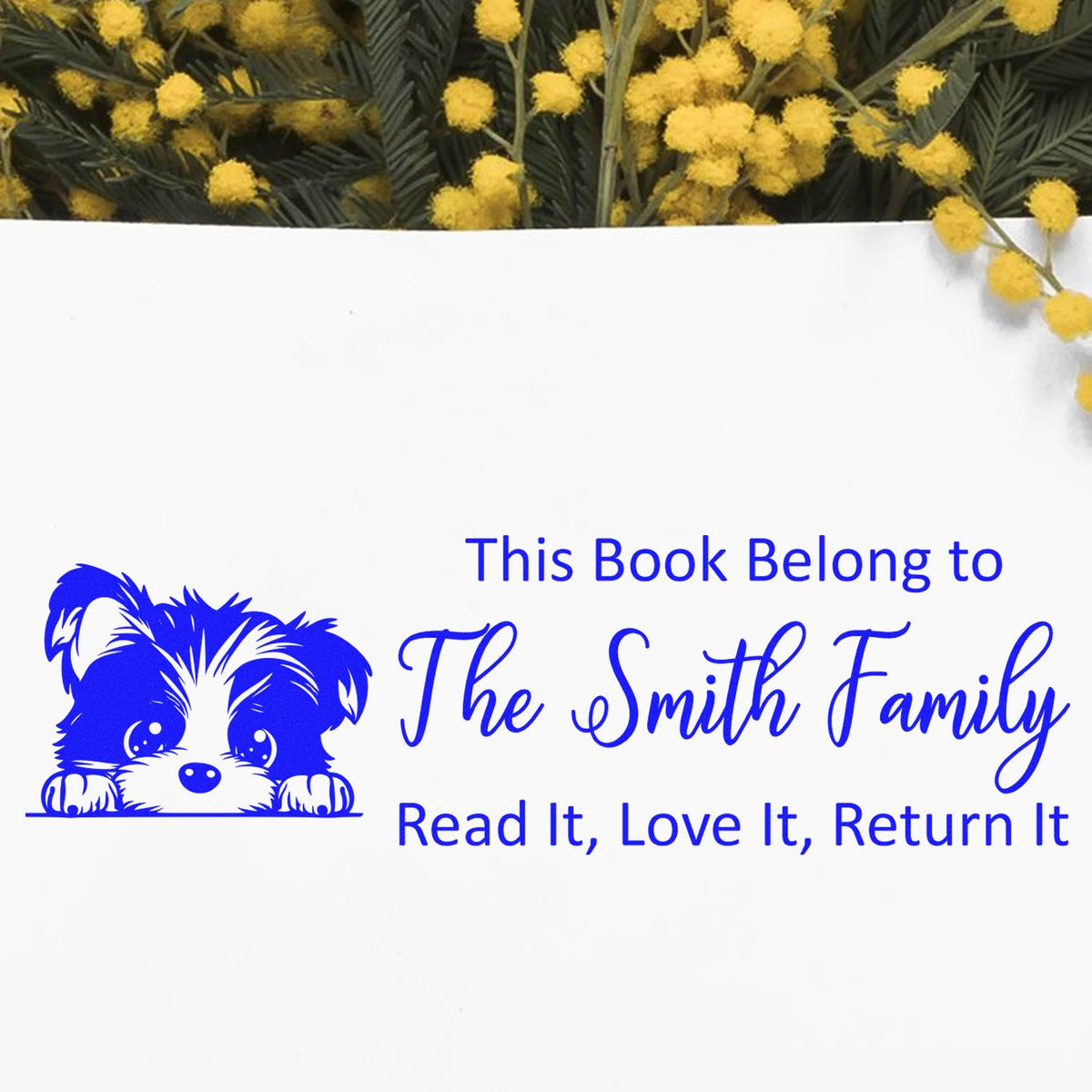 Personalized rubber stamp bookplate with puppy design, This Book Belong to The Smith Family and Read It, Love It, Return It.
