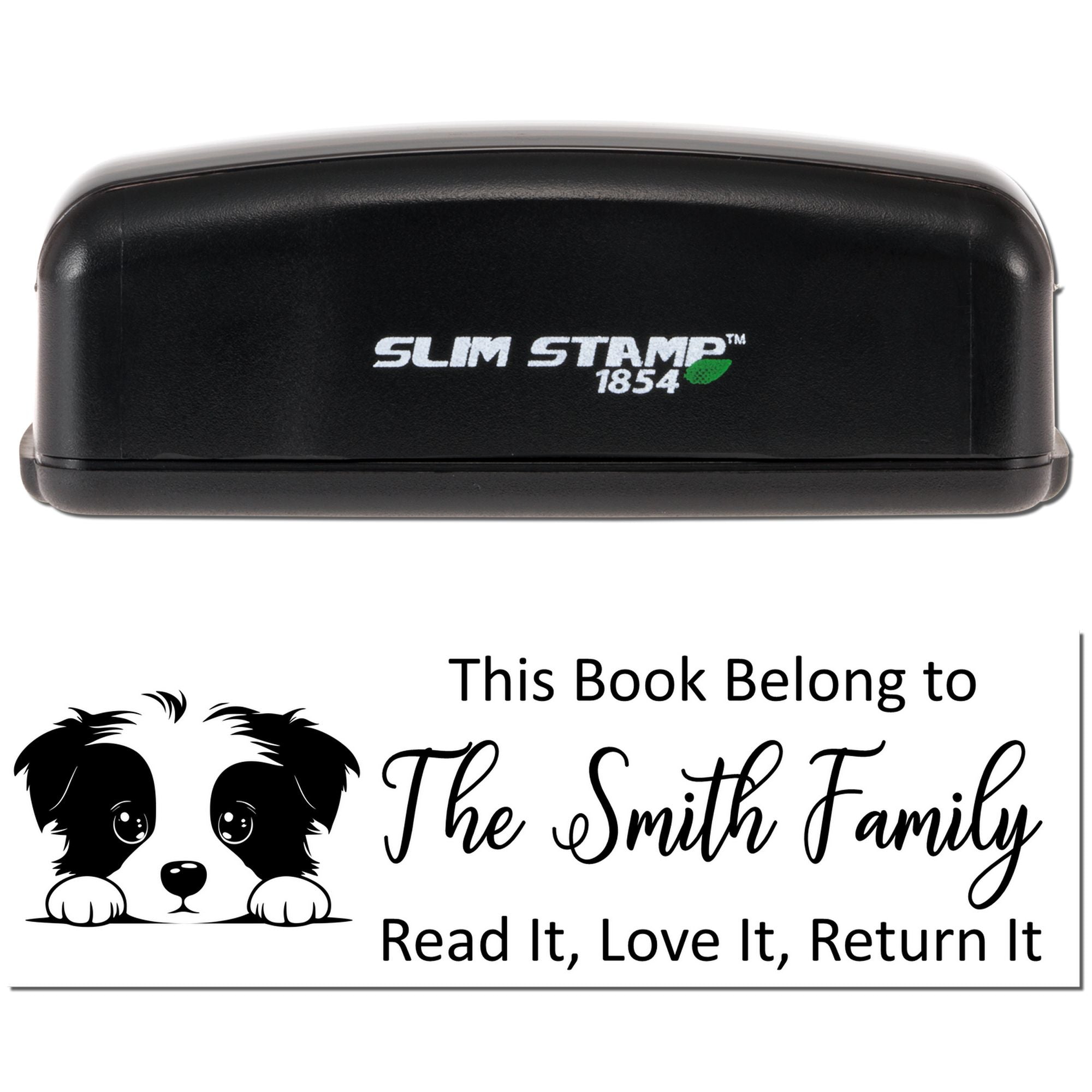 Customizable Border Collie Dog Pre-Inked Stamp with Books Design Slim Bookworm Stamp