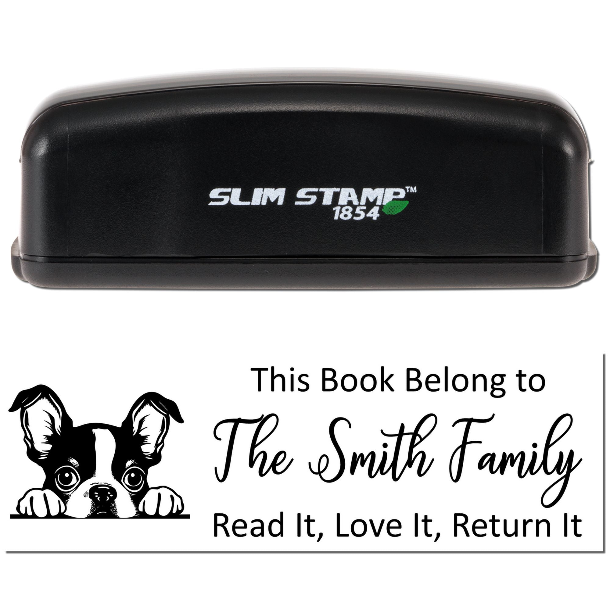 Custom self-inking rubber stamp for books, featuring dog illustration and This Book Belongs To family name design.