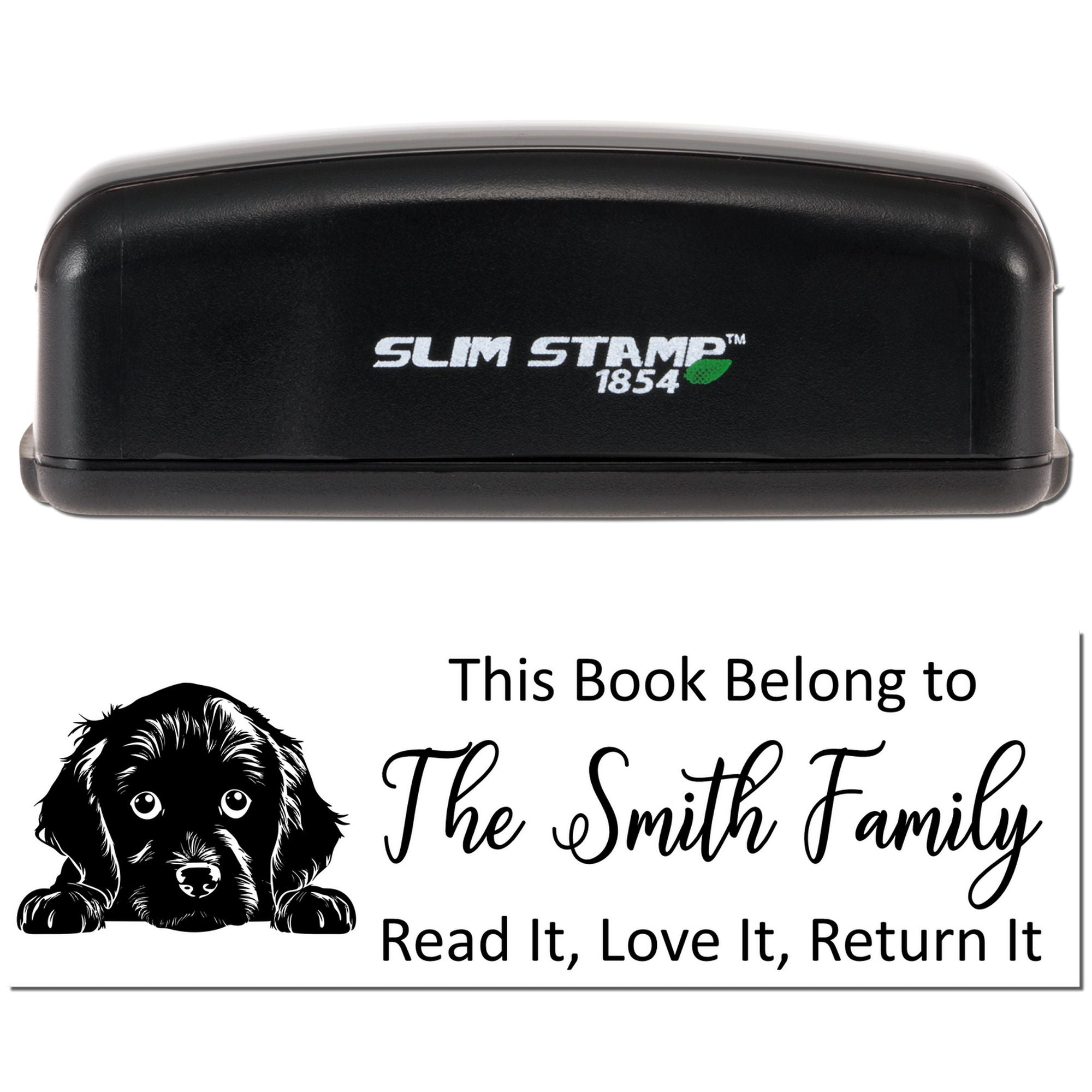 Personalized rubber book stamp with dog illustration, reading This Book Belongs to The Smith Family for library books.