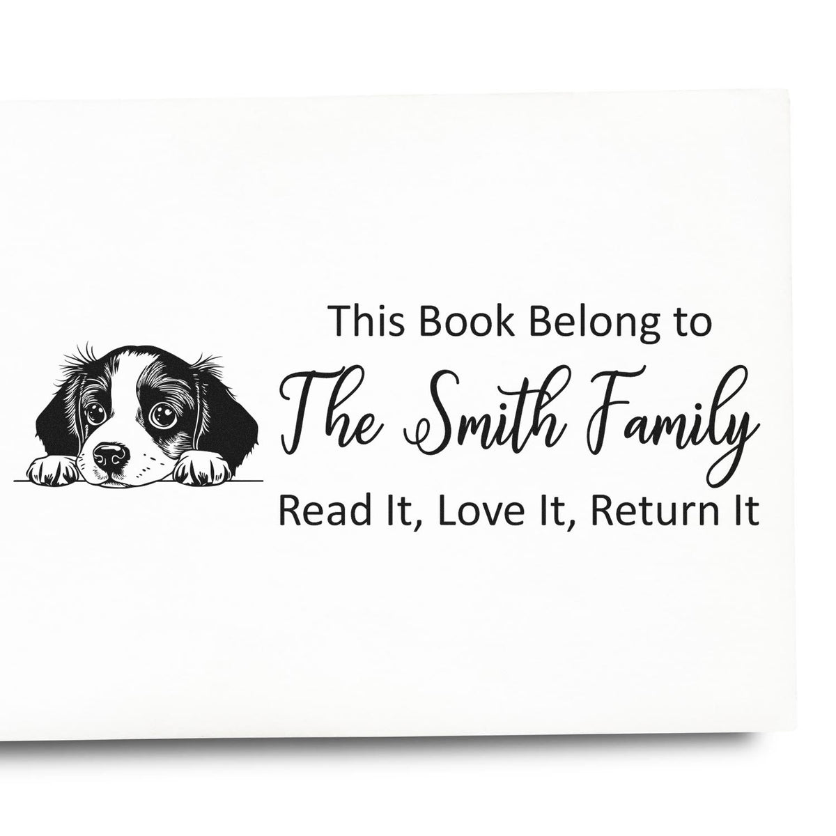Personalized library book stamp with puppy artwork and family name: "This Book Belong to The Smith Family, Read It, Love It, Return It."