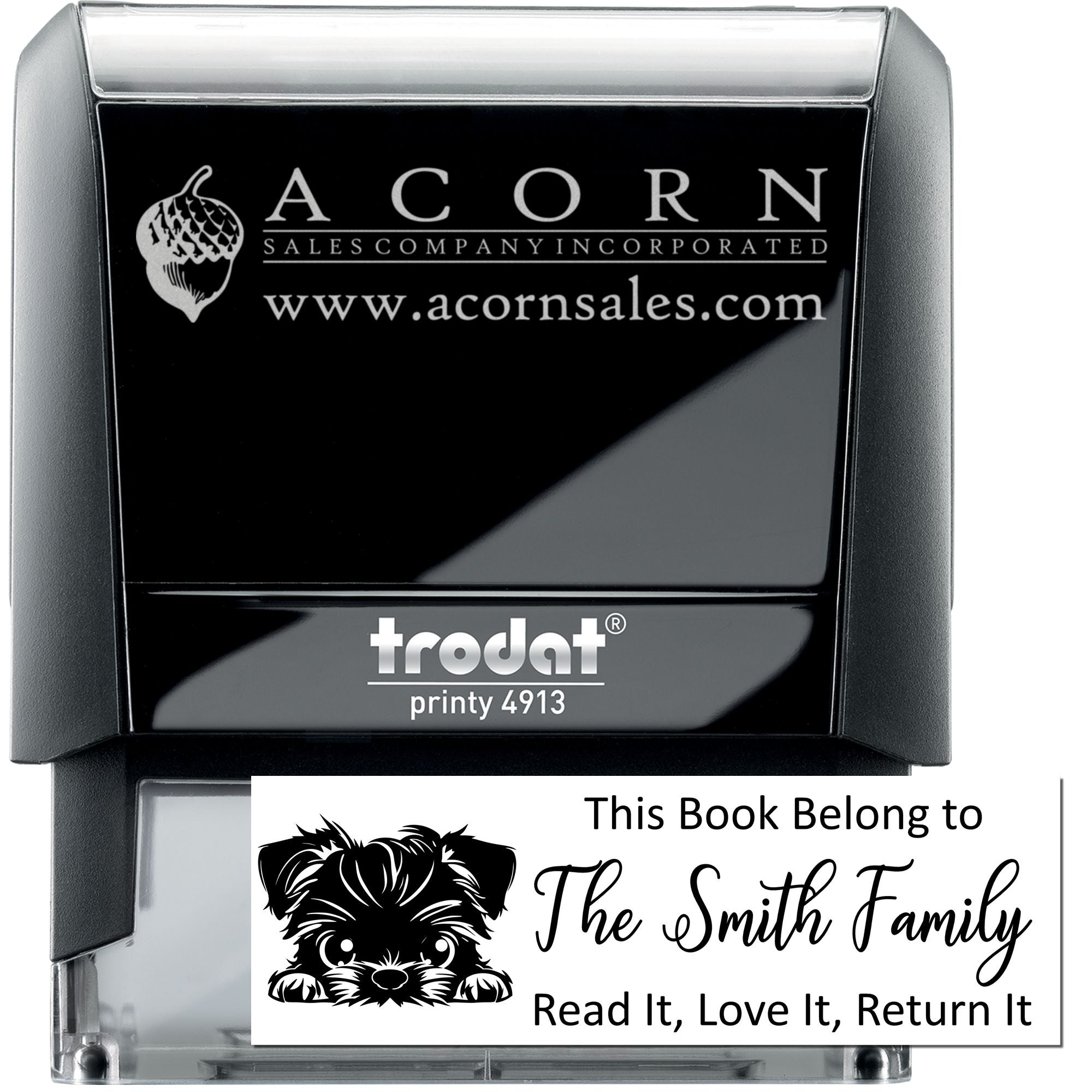 Custom self-inking rubber stamp examples for business branding and personalized book ownership, including Trodat Printy 4913.