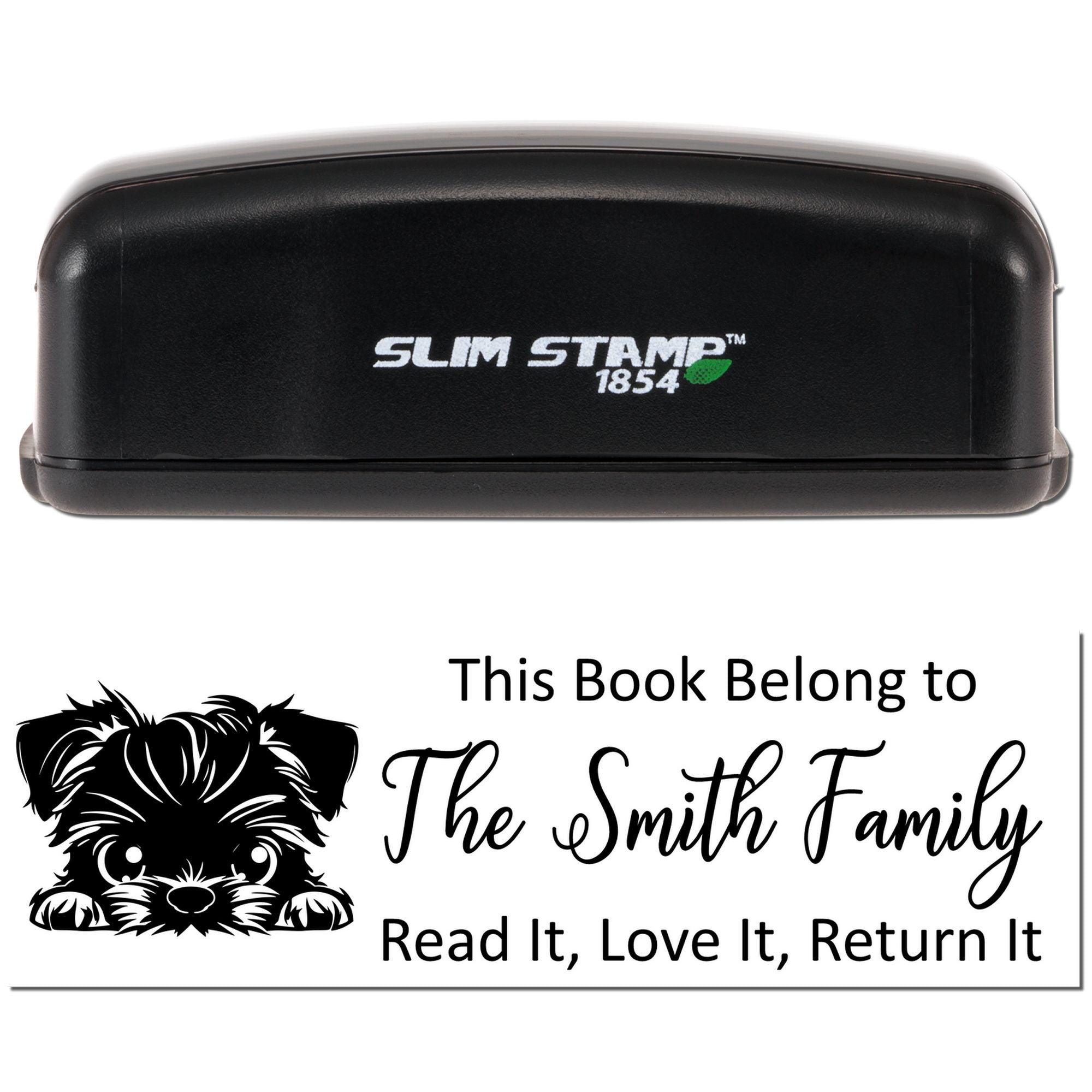 Personalized library rubber stamp design with dog icon and This Book Belongs to The Smith Family return-it message.