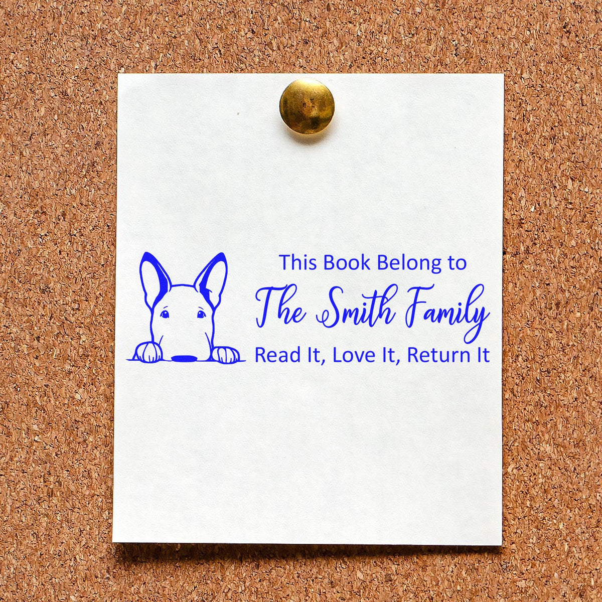 Personalized rubber stamp bookplate with dog illustration and This Book Belong to The Smith Family return-it message for books