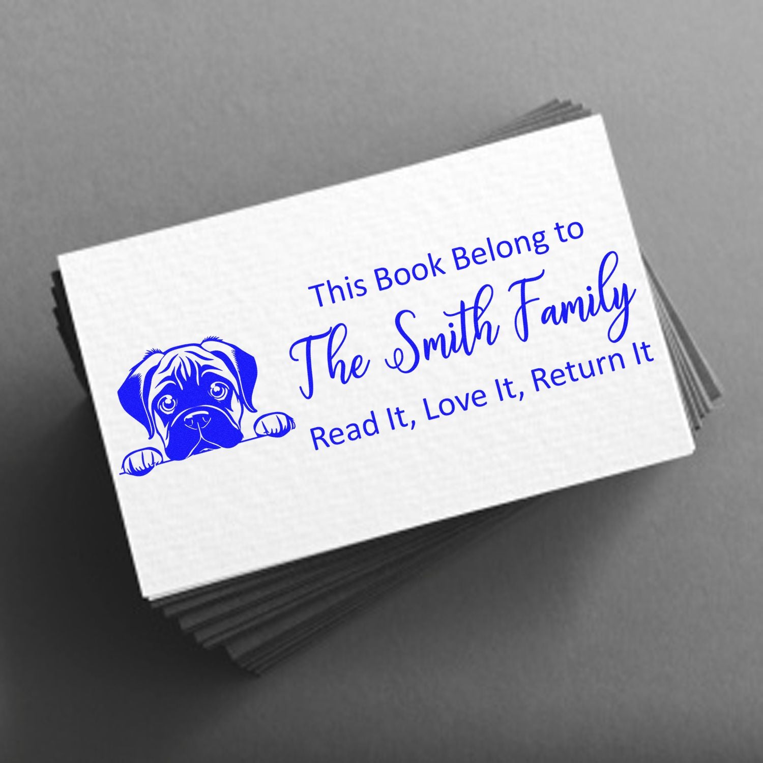 Custom personalized book stamp with dog illustration: This Book Belongs to The Smith Family, Read It, Love It, Return It.