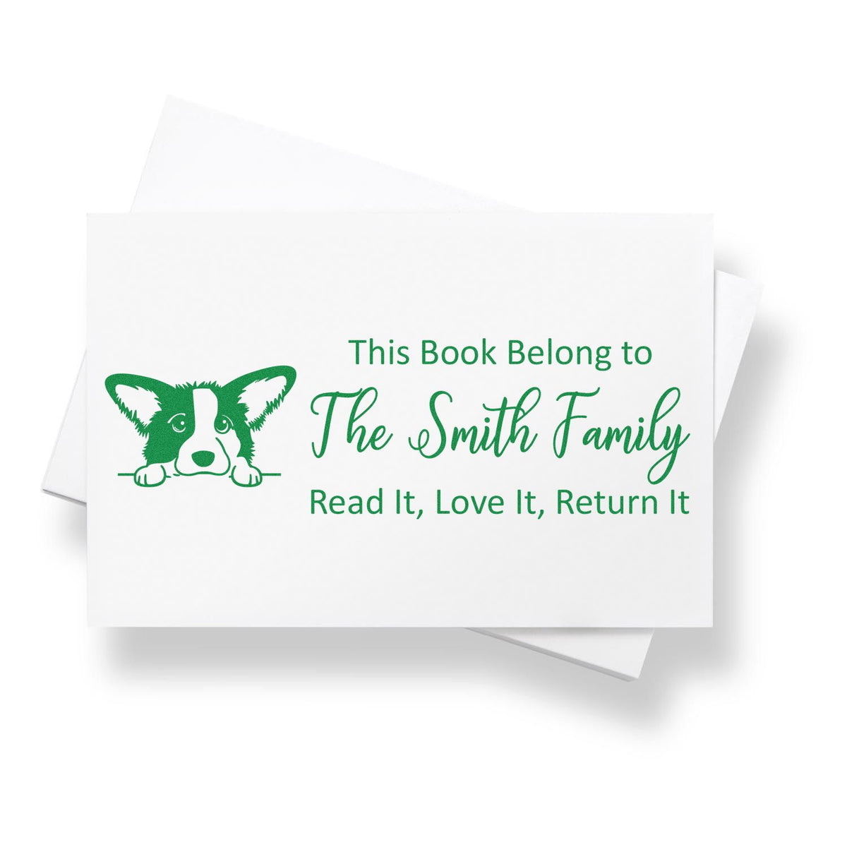 Custom personalized book rubber stamp for The Smith Family with dog icon and Read it, love it, return it bookplate design.