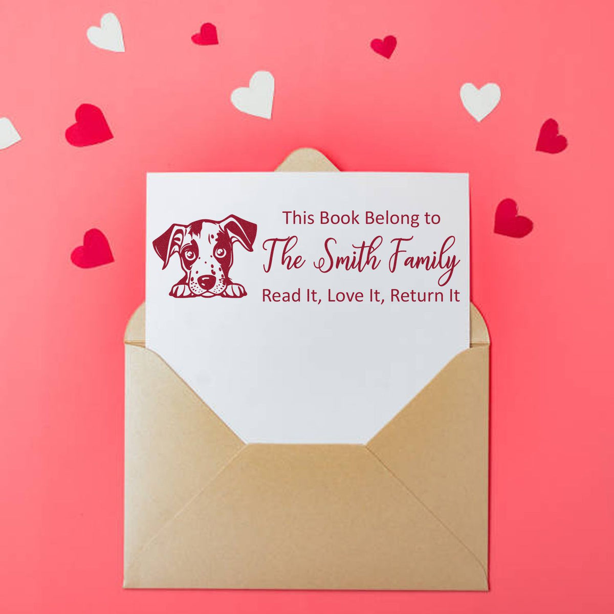 Personalized dog book rubber stamp for The Smith Family with Read It, Love It, Return It custom book plate design.