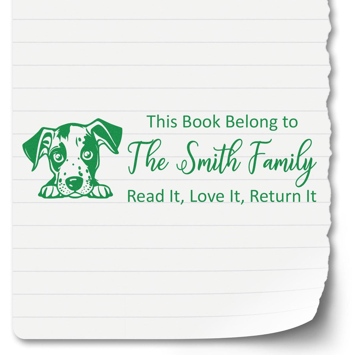 Personalized rubber book stamp with dog graphic: This Book Belongs to The Smith Family and Read It, Love It, Return It message.