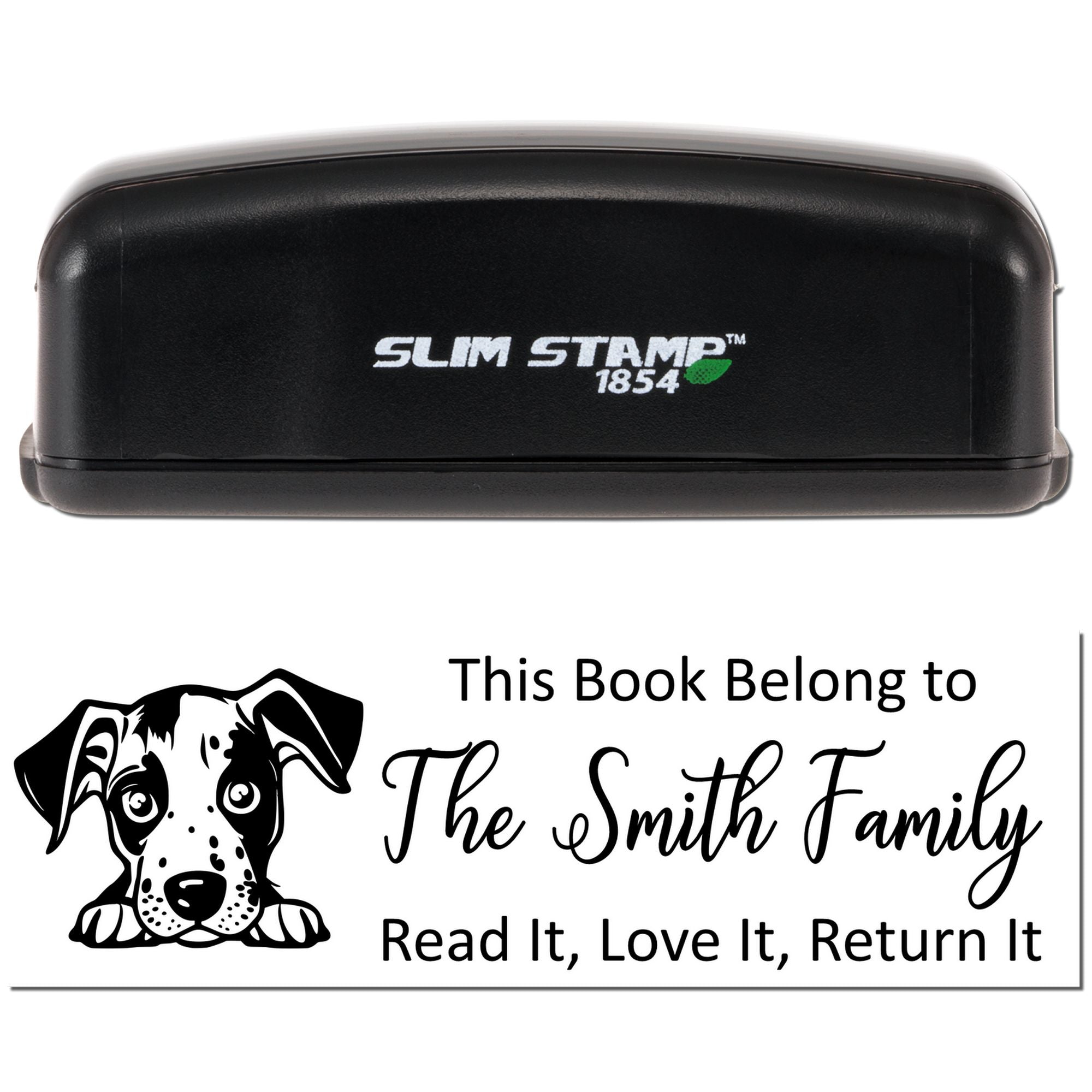 Slim Stamp 1854 self-inking rubber stamp with custom dog bookplate for books belonging to The Smith Family.